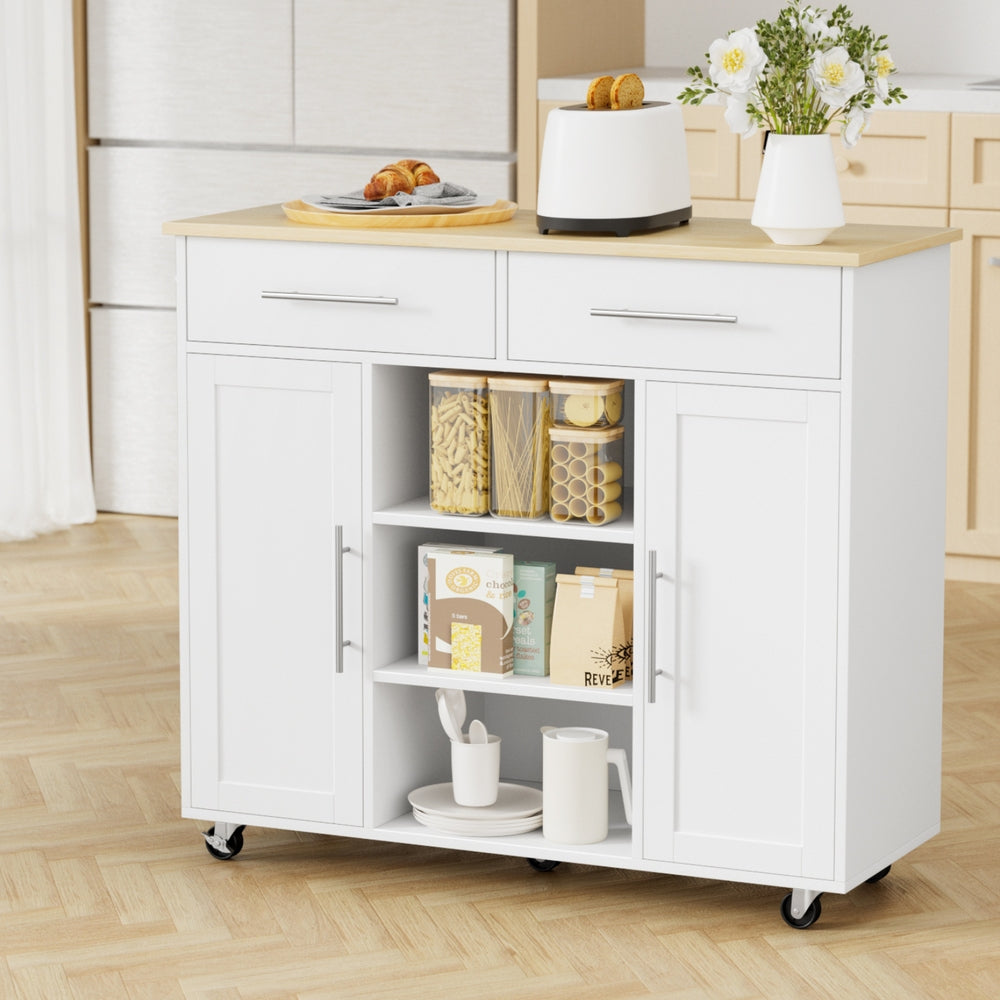 Kitchen Island Trolley with Rolling Cart, Storage Drawers & Cabinet 100cm - White