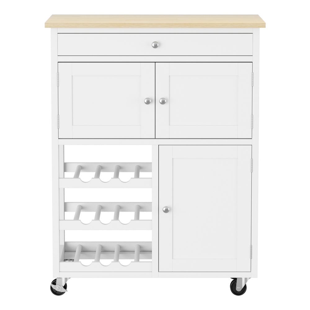 Kitchen Island Trolley Rolling Serving Cart with Drawer and Cupboard - White Oak