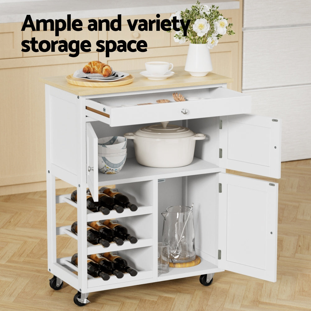 Kitchen Island Trolley Rolling Serving Cart with Drawer and Cupboard - White Oak