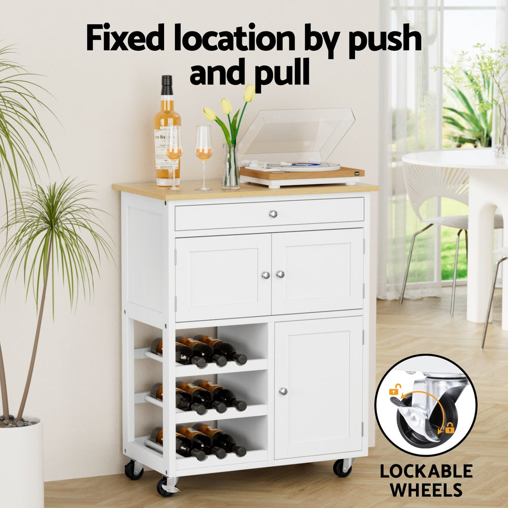 Kitchen Island Trolley Rolling Serving Cart with Drawer and Cupboard - White Oak