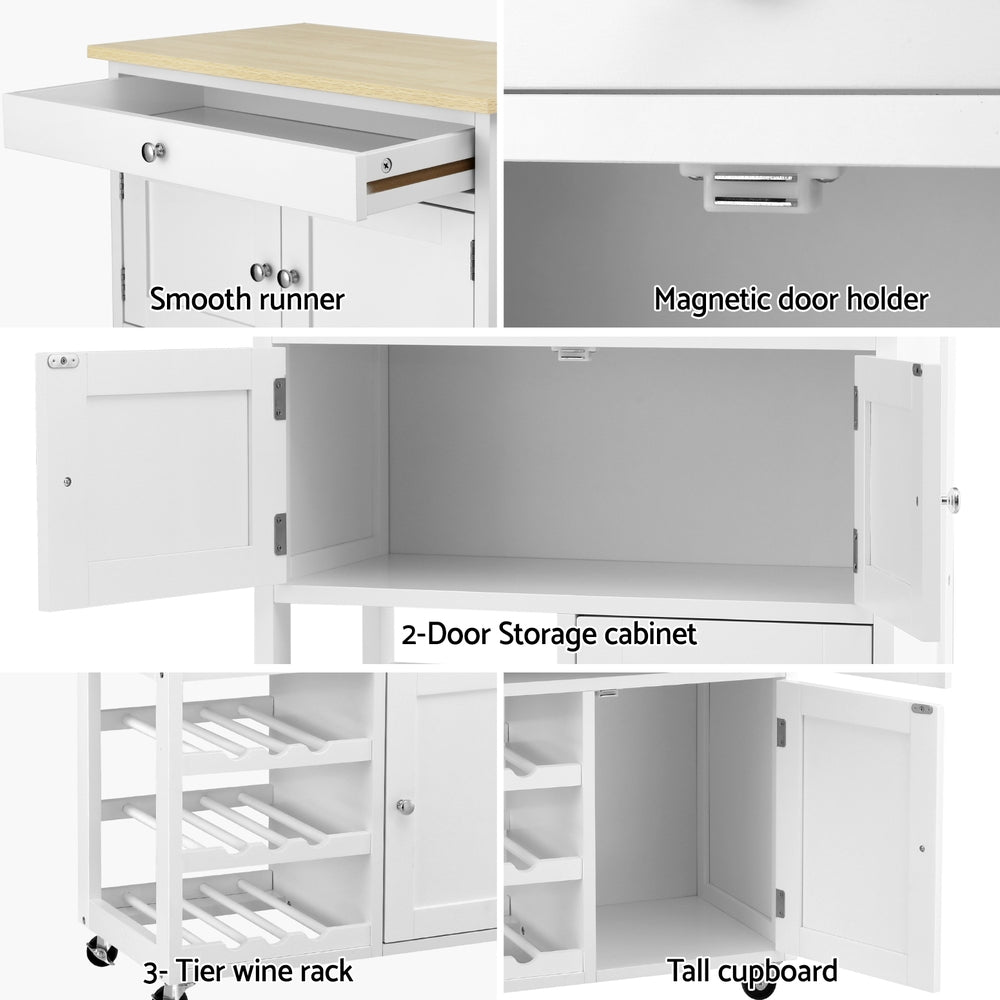 Kitchen Island Trolley Rolling Serving Cart with Drawer and Cupboard - White Oak