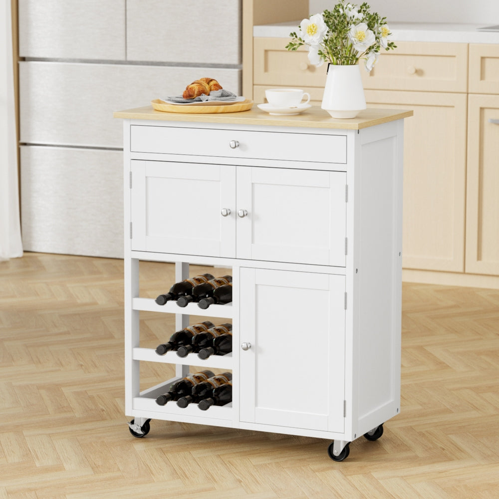Kitchen Island Trolley Rolling Serving Cart with Drawer and Cupboard - White Oak