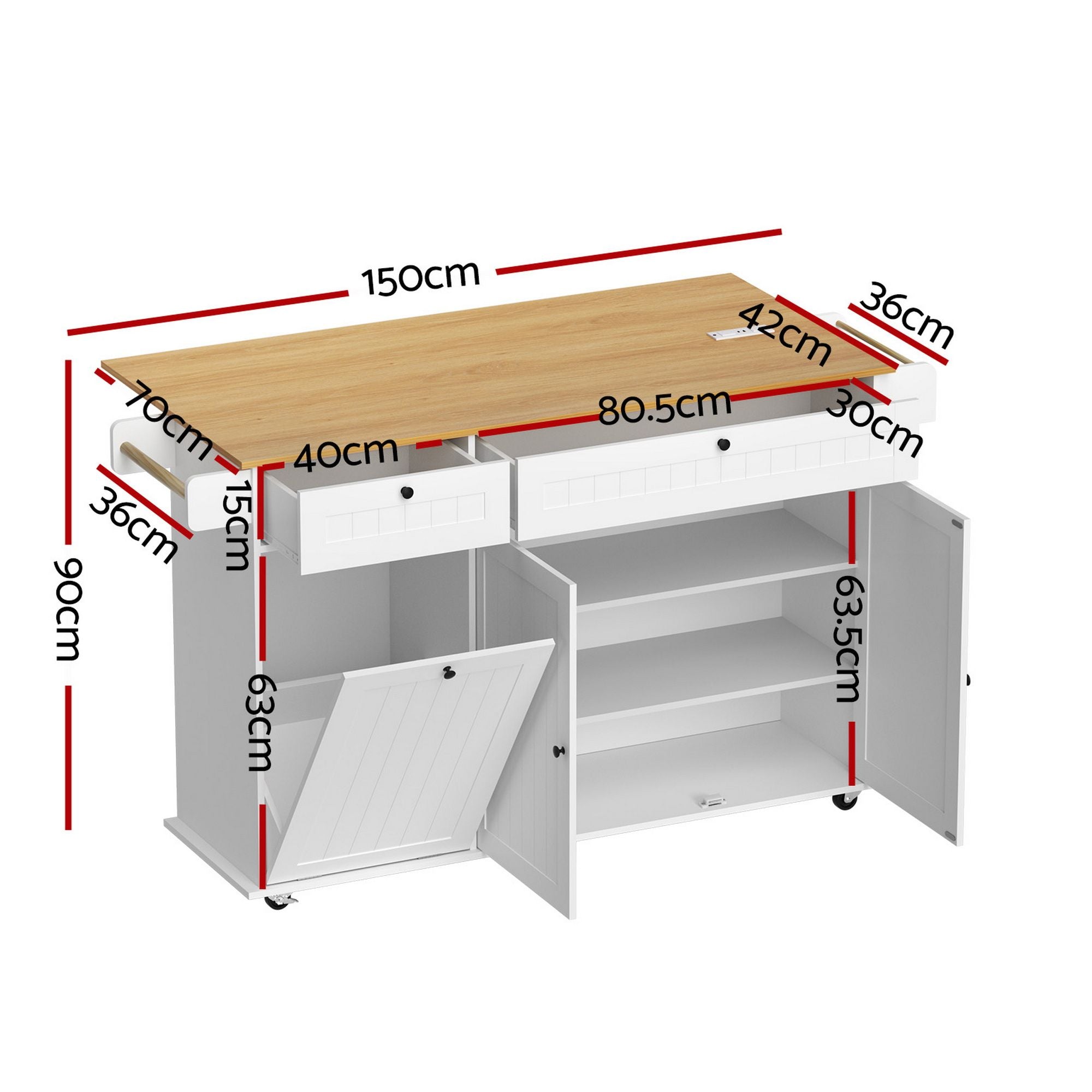 Kitchen Island Trolley Rolling Serving Cart Storage Drawer Cabinet 150cm White