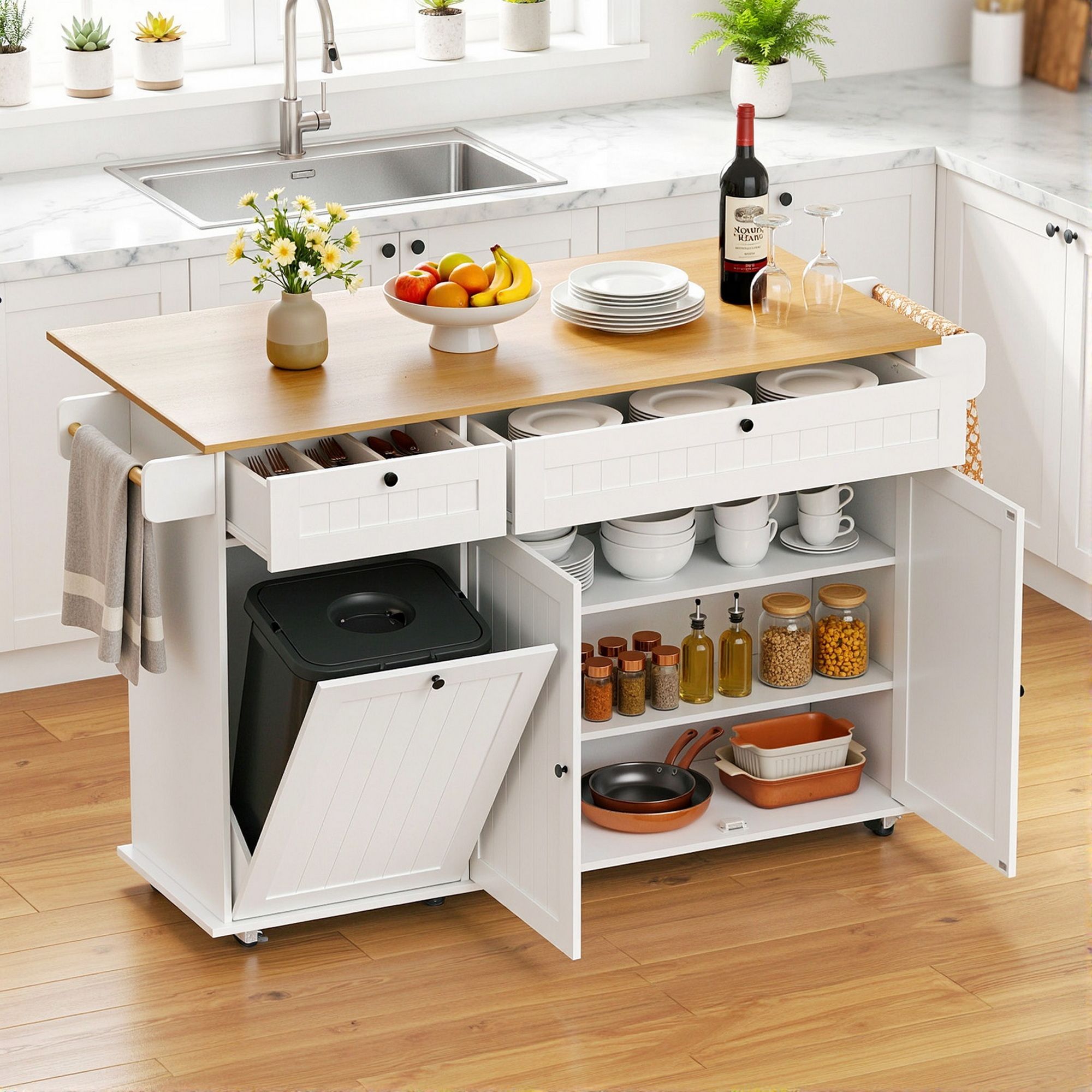 Kitchen Island Trolley Rolling Serving Cart Storage Drawer Cabinet 150cm White