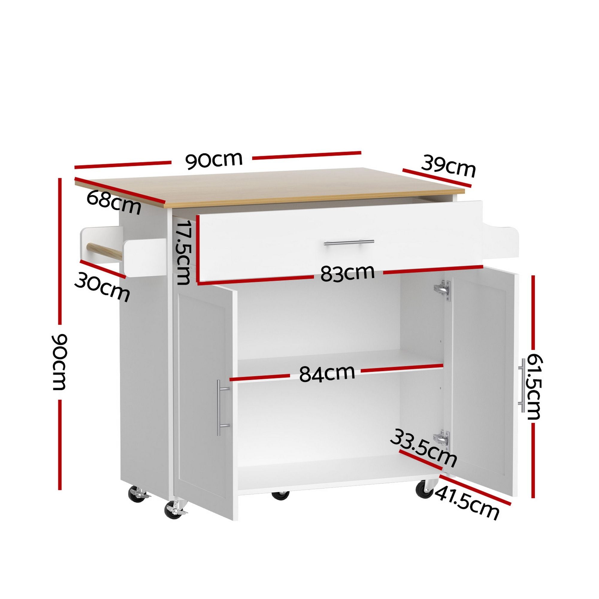 Kitchen Island Trolley Rolling Serving Cart Storage Drawer Cabinet 90cm White