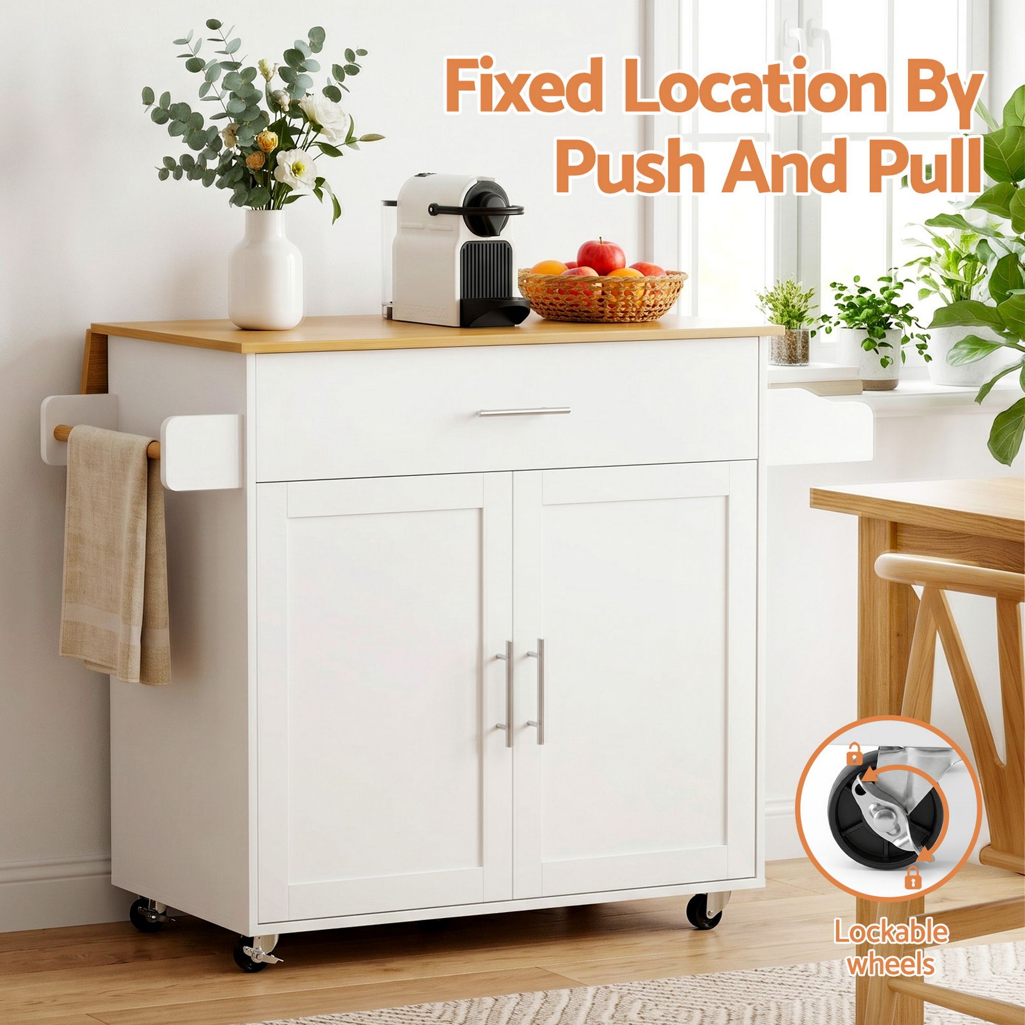 Kitchen Island Trolley Rolling Serving Cart Storage Drawer Cabinet 90cm White