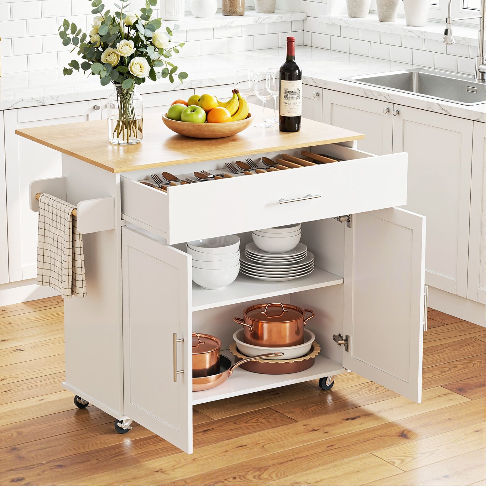 Kitchen Island Trolley Rolling Serving Cart Storage Drawer Cabinet 90cm White