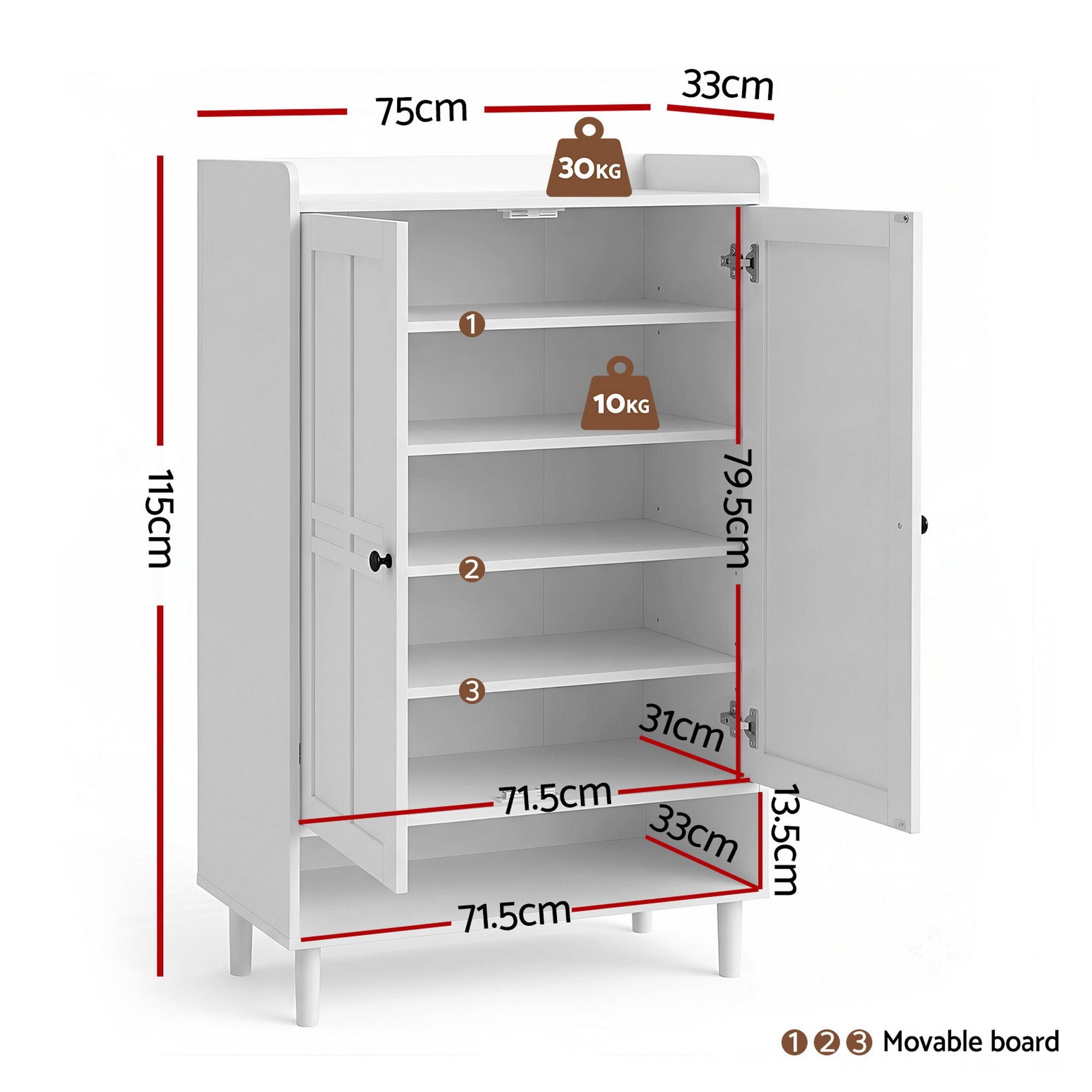 Shoe Rack Cabinet Storage Cupboard 3 Adjustable Shelves White