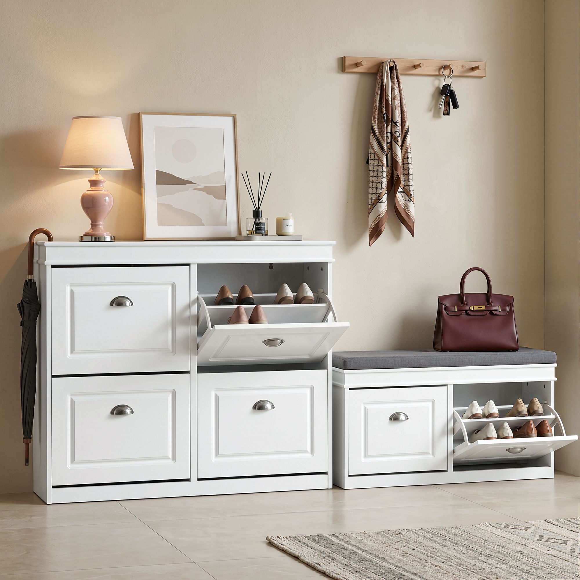 Shoe Cabinet Bench Set Flip Drawer Hallway Living Room White