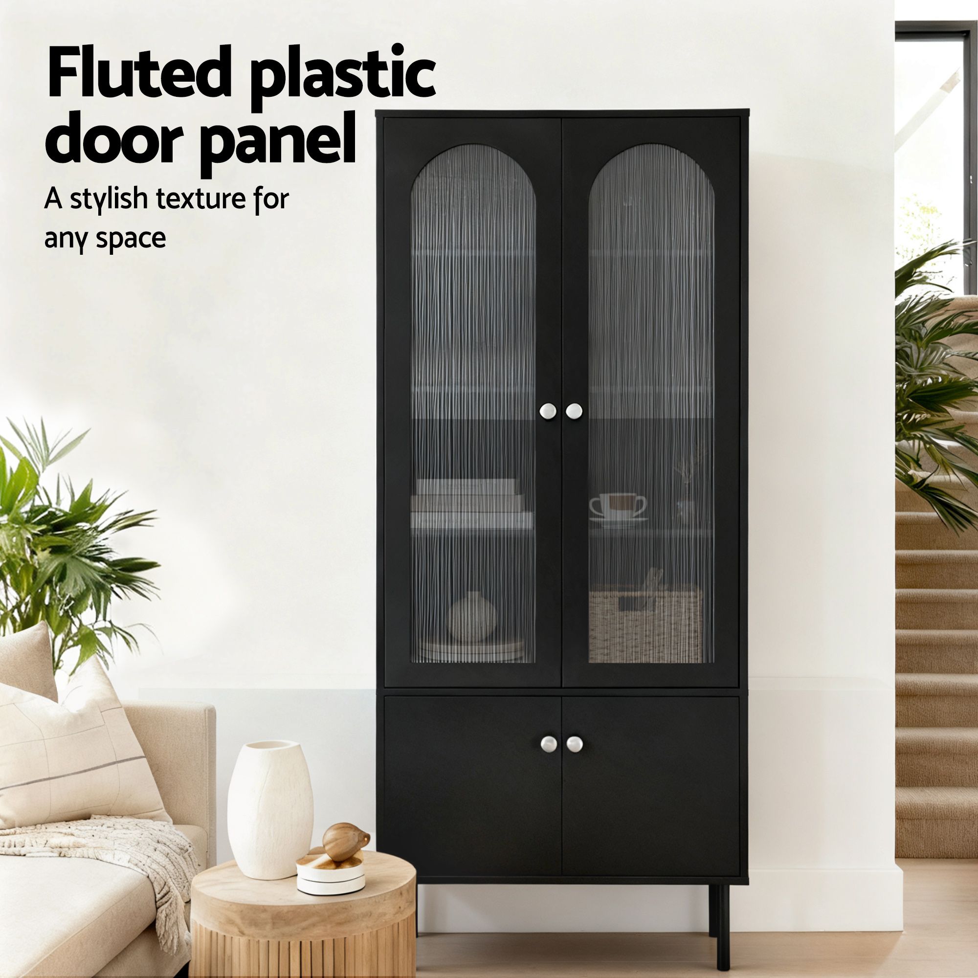 2x Buffet Sideboard Cabinet Pantry 5-Tier Storage Cupboard Fluted Black