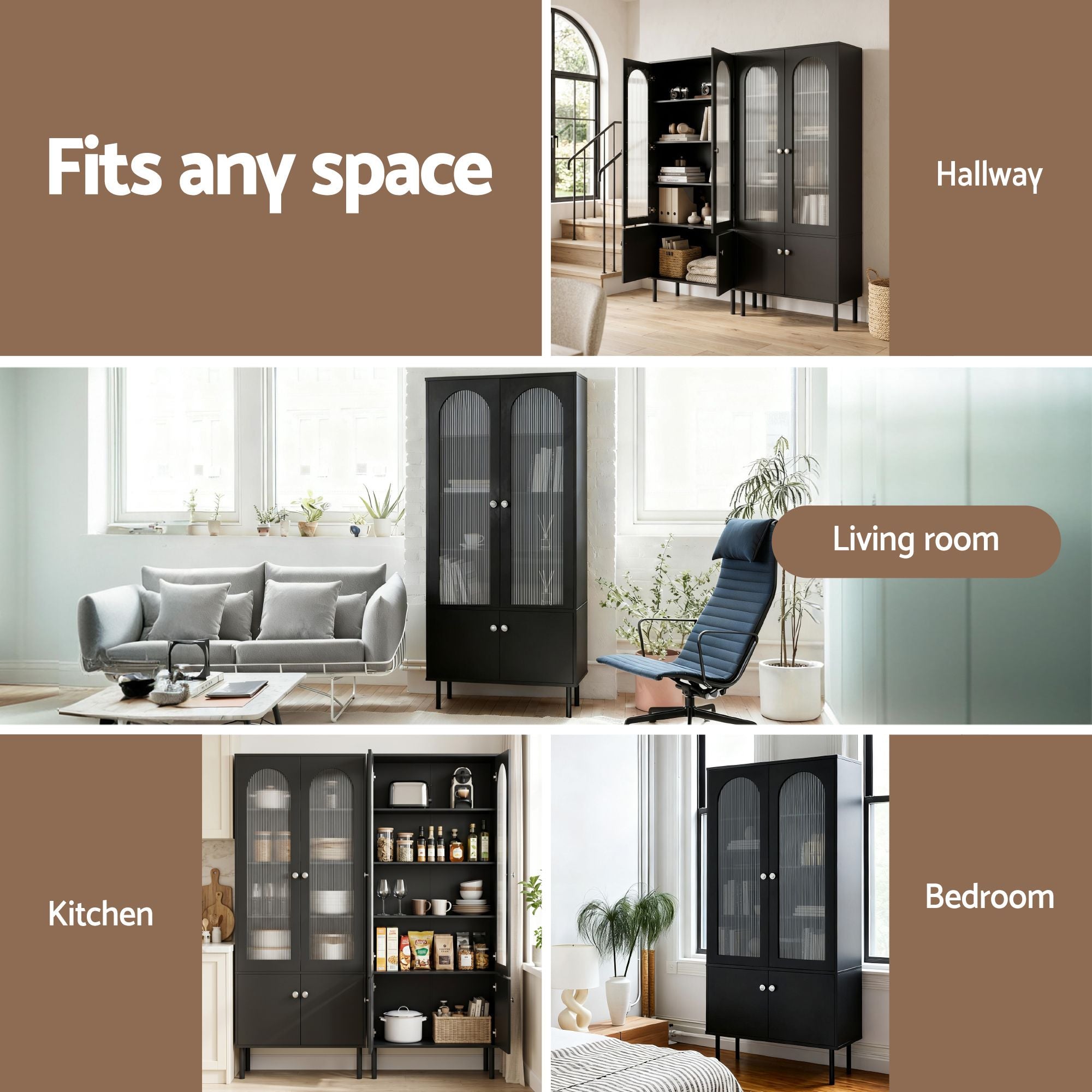 2x Buffet Sideboard Cabinet Pantry 5-Tier Storage Cupboard Fluted Black
