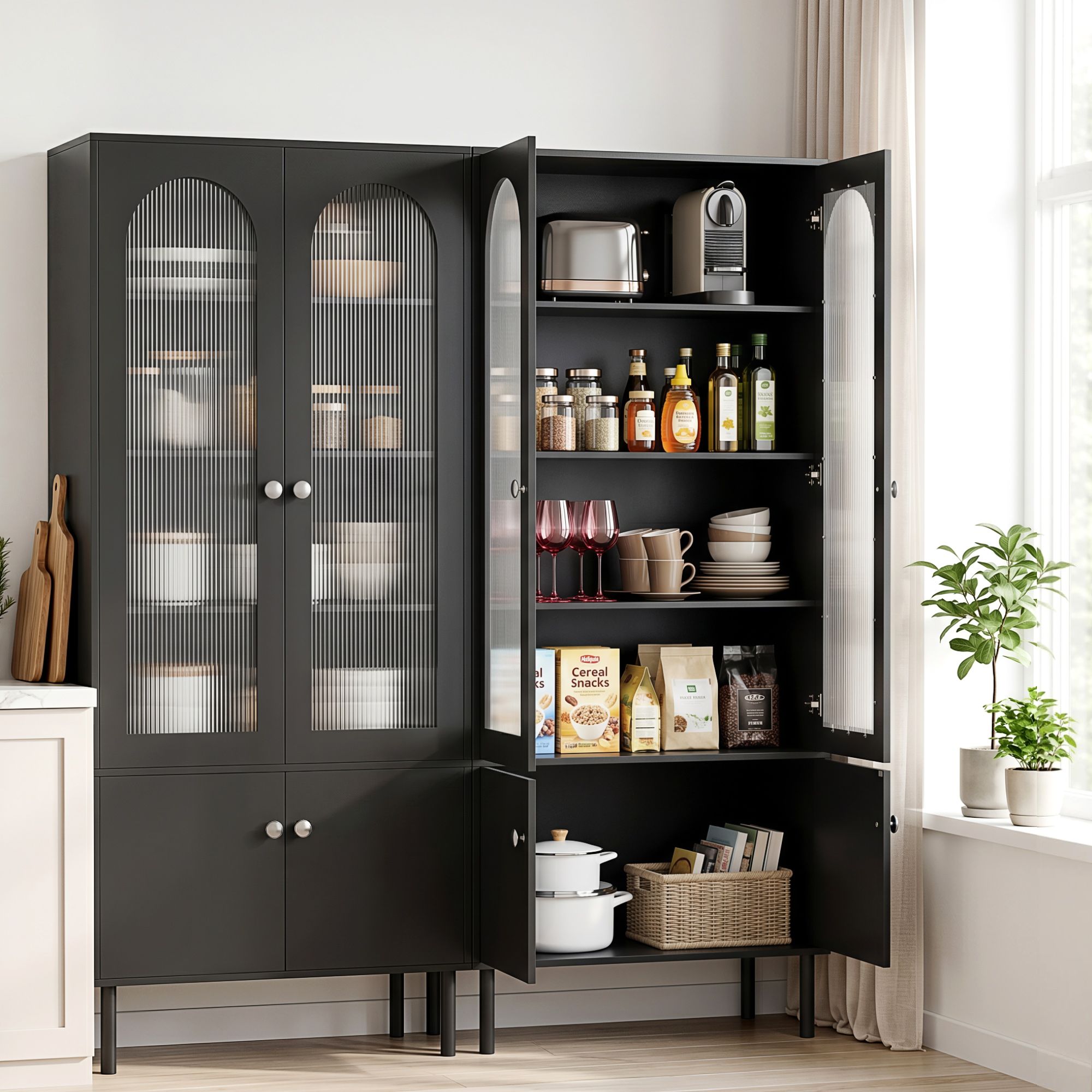 2x Buffet Sideboard Cabinet Pantry 5-Tier Storage Cupboard Fluted Black