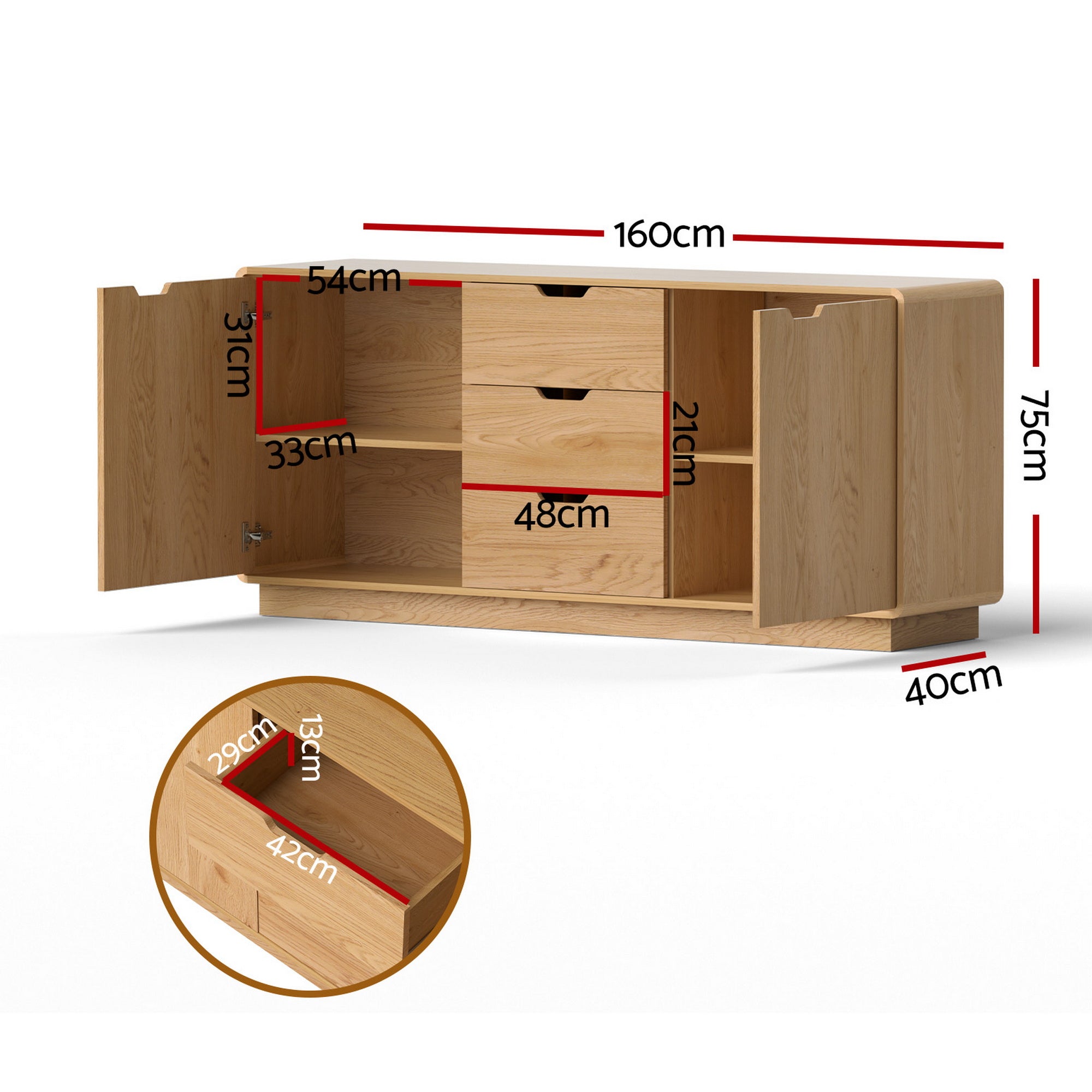 Buffet Sideboard Cabinet with Drawers and Round Edges - Oak