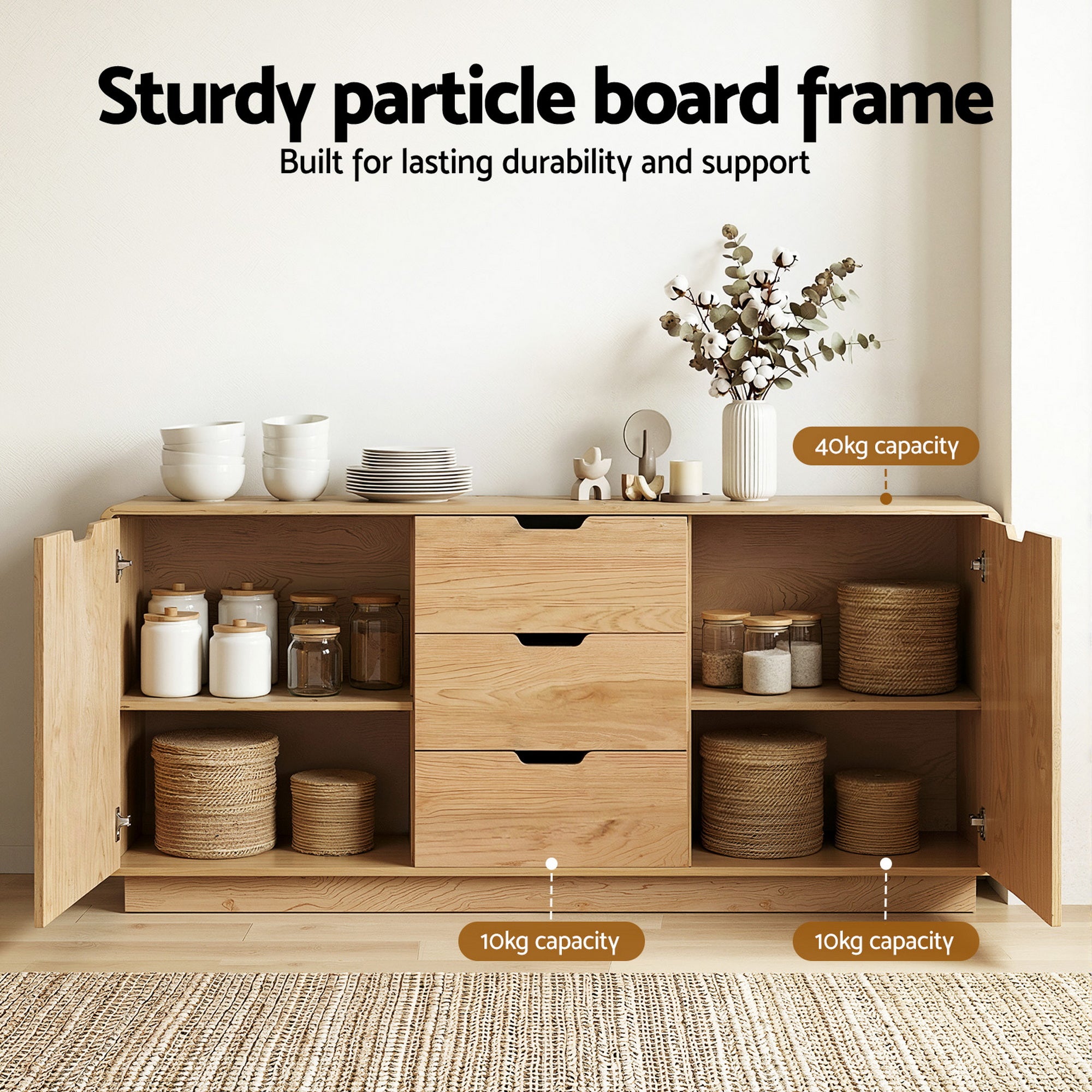 Buffet Sideboard Cabinet with Drawers and Round Edges - Oak