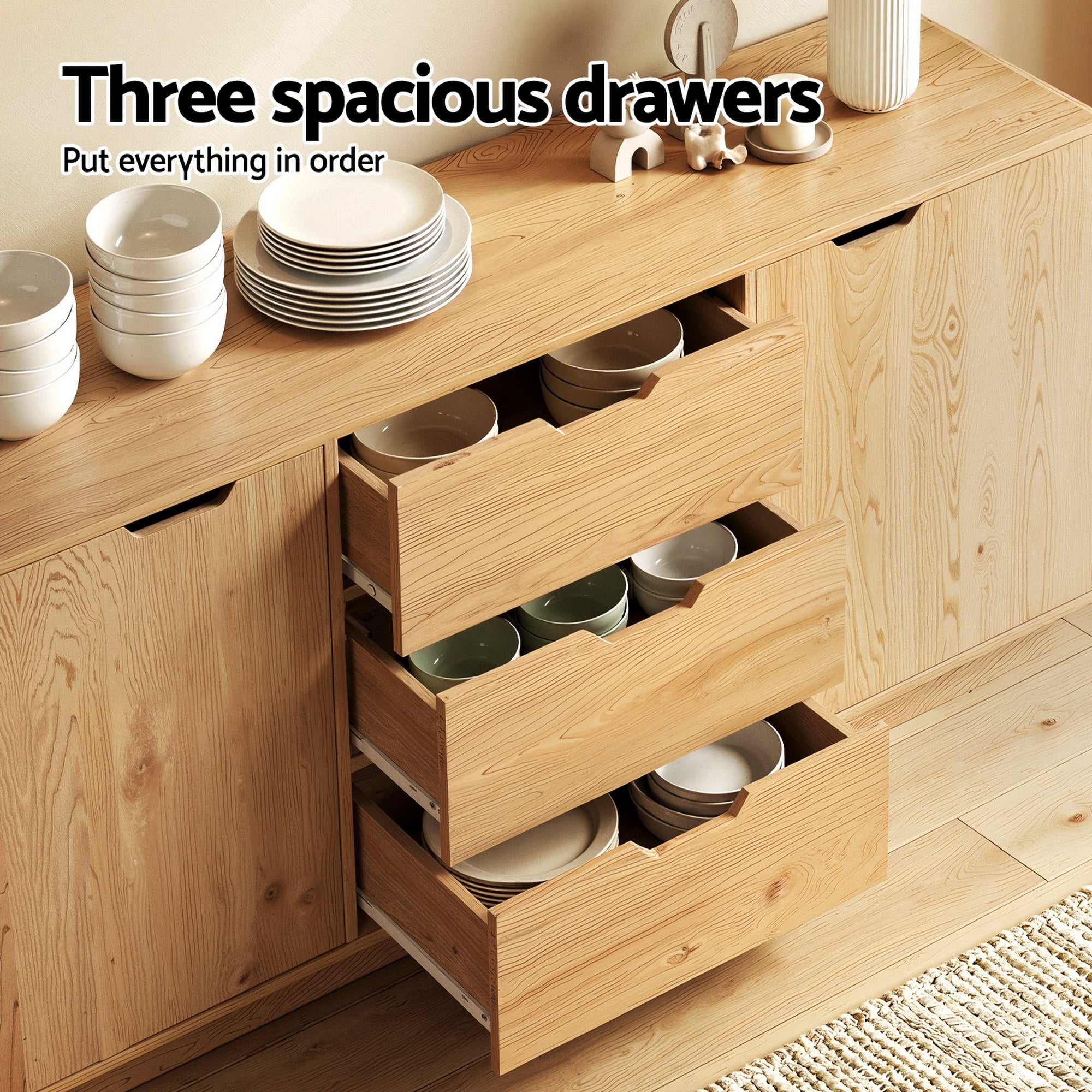 Buffet Sideboard Cabinet with Drawers and Round Edges - Oak
