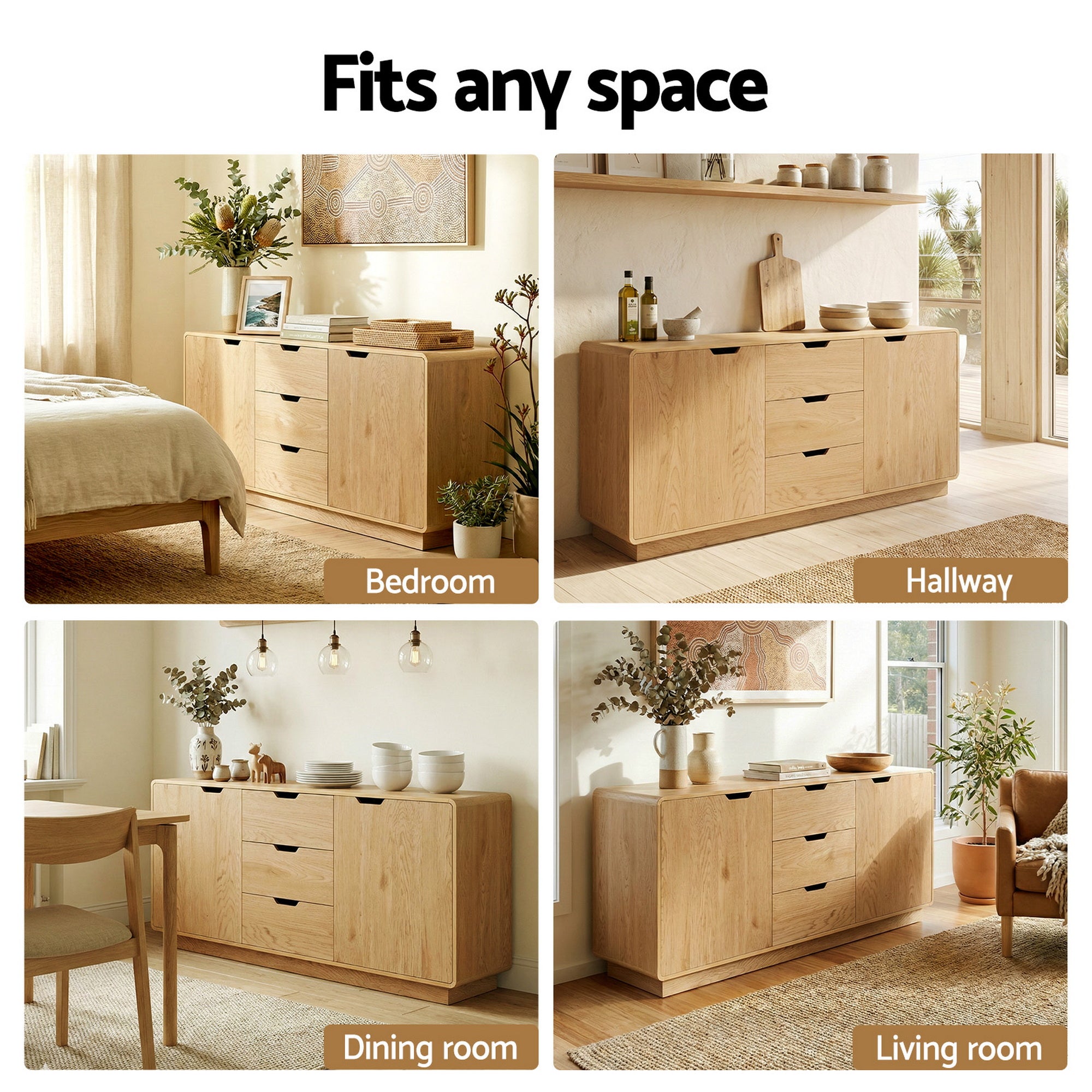 Buffet Sideboard Cabinet with Drawers and Round Edges - Oak