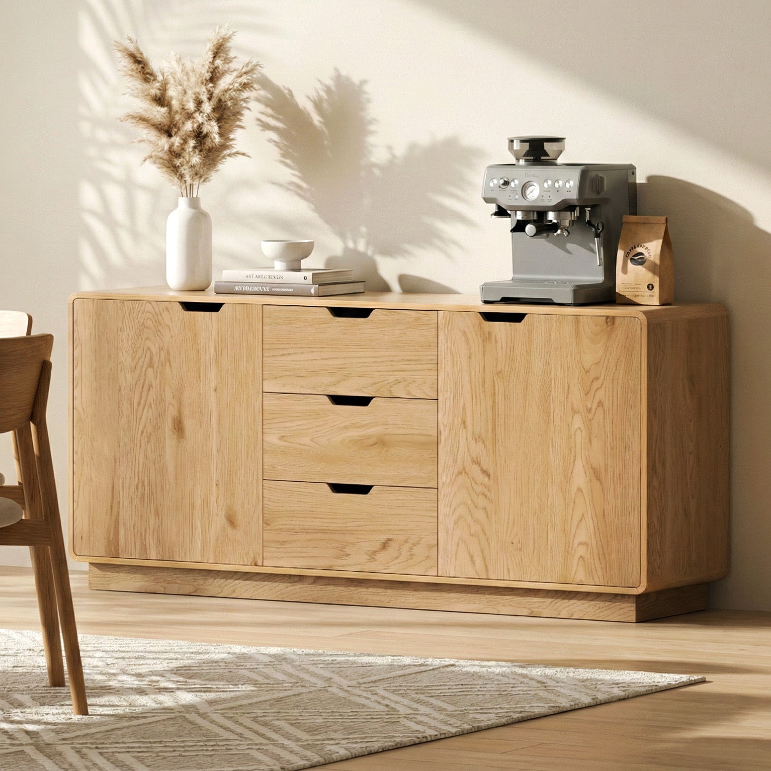 Buffet Sideboard Cabinet with Drawers and Round Edges - Oak