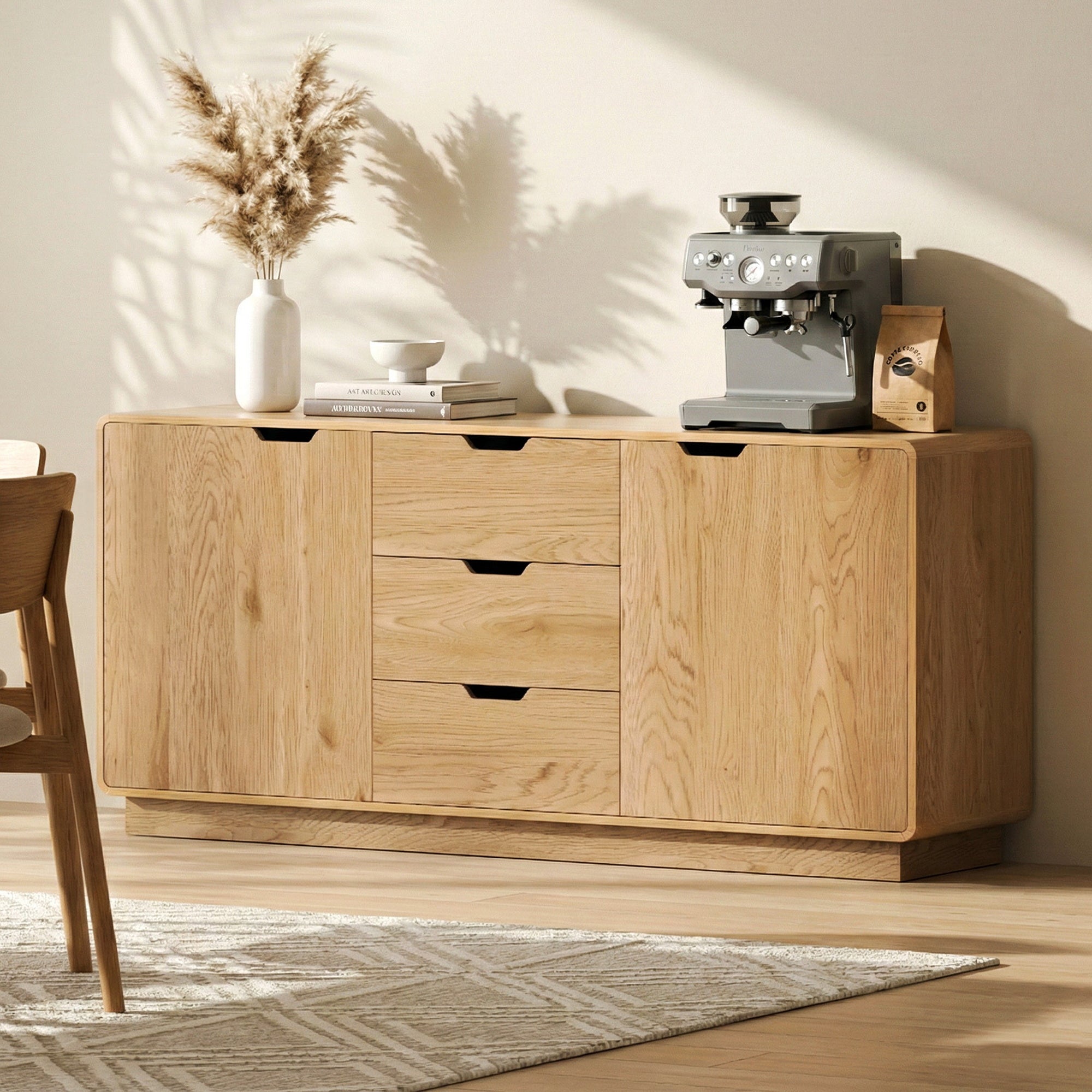 Buffet Sideboard Cabinet with Drawers and Round Edges - Oak