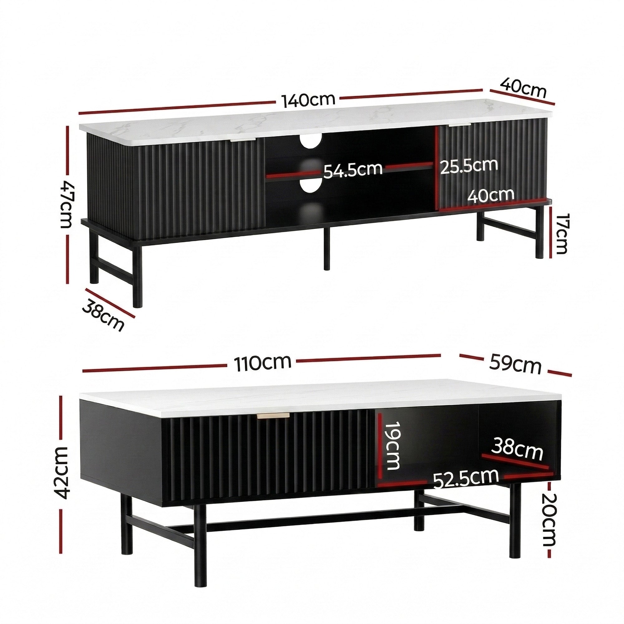 TV Unit & Coffee Table Set Storage Shelf Black