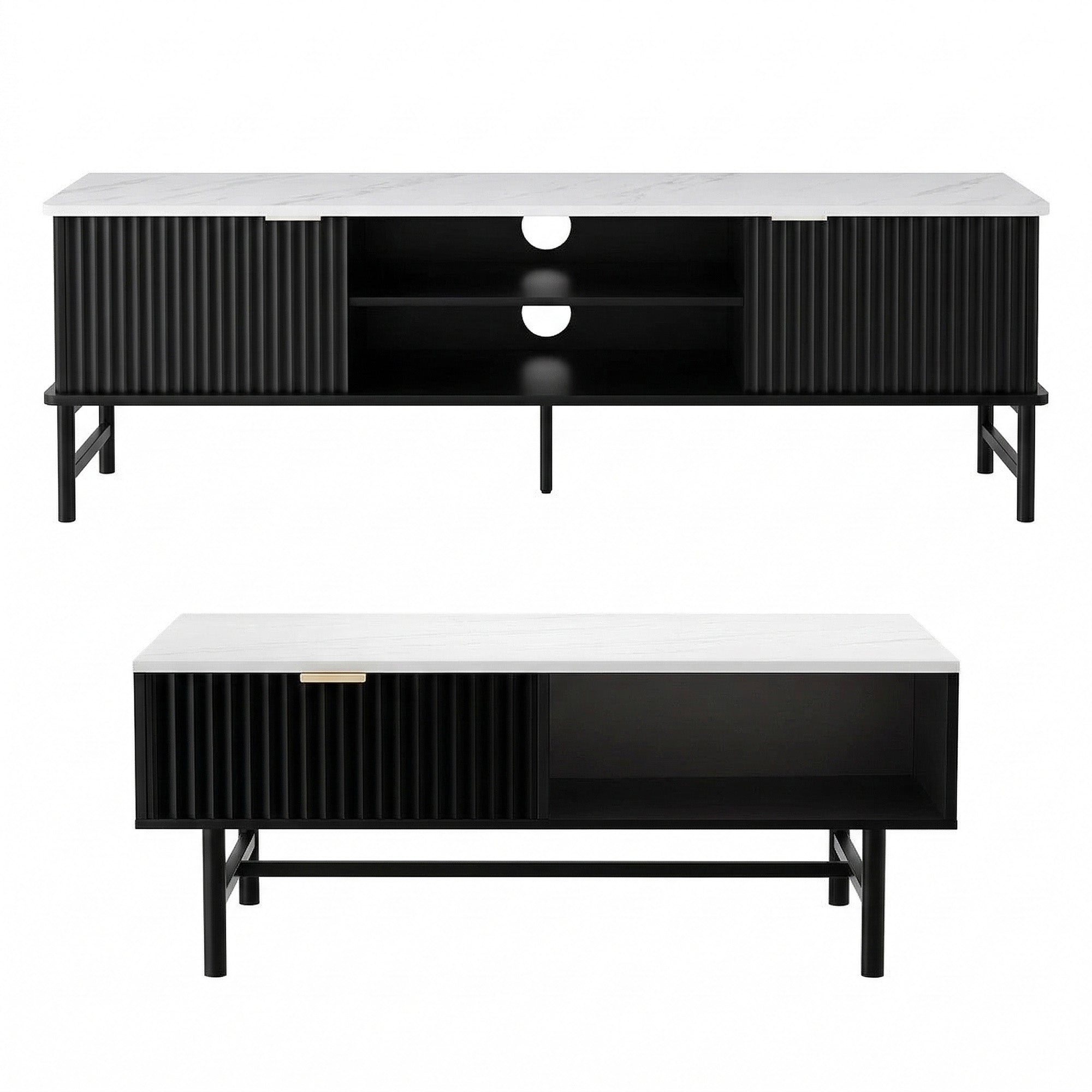 TV Unit & Coffee Table Set Storage Shelf Black