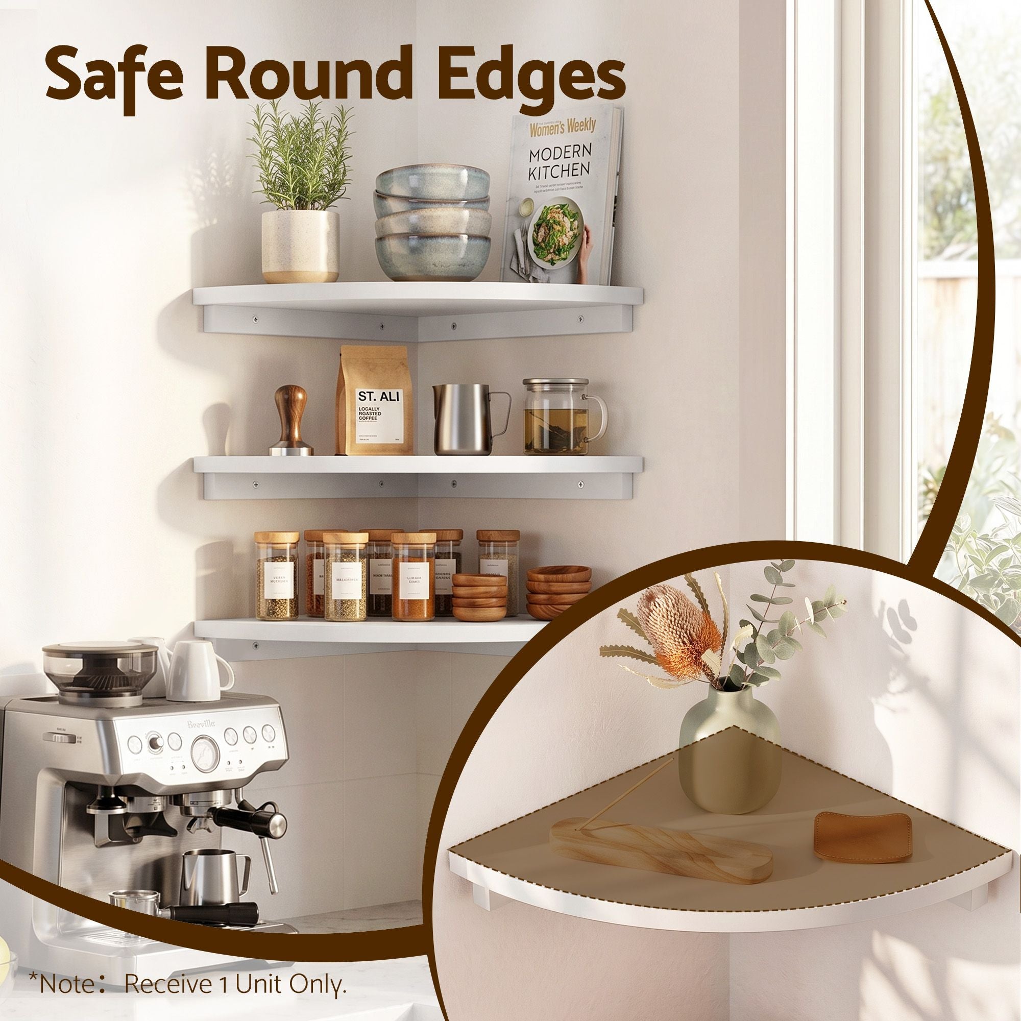 Corner Floating Wall Shelf Wall Mounted Display Rack Round Edge White 1pc
