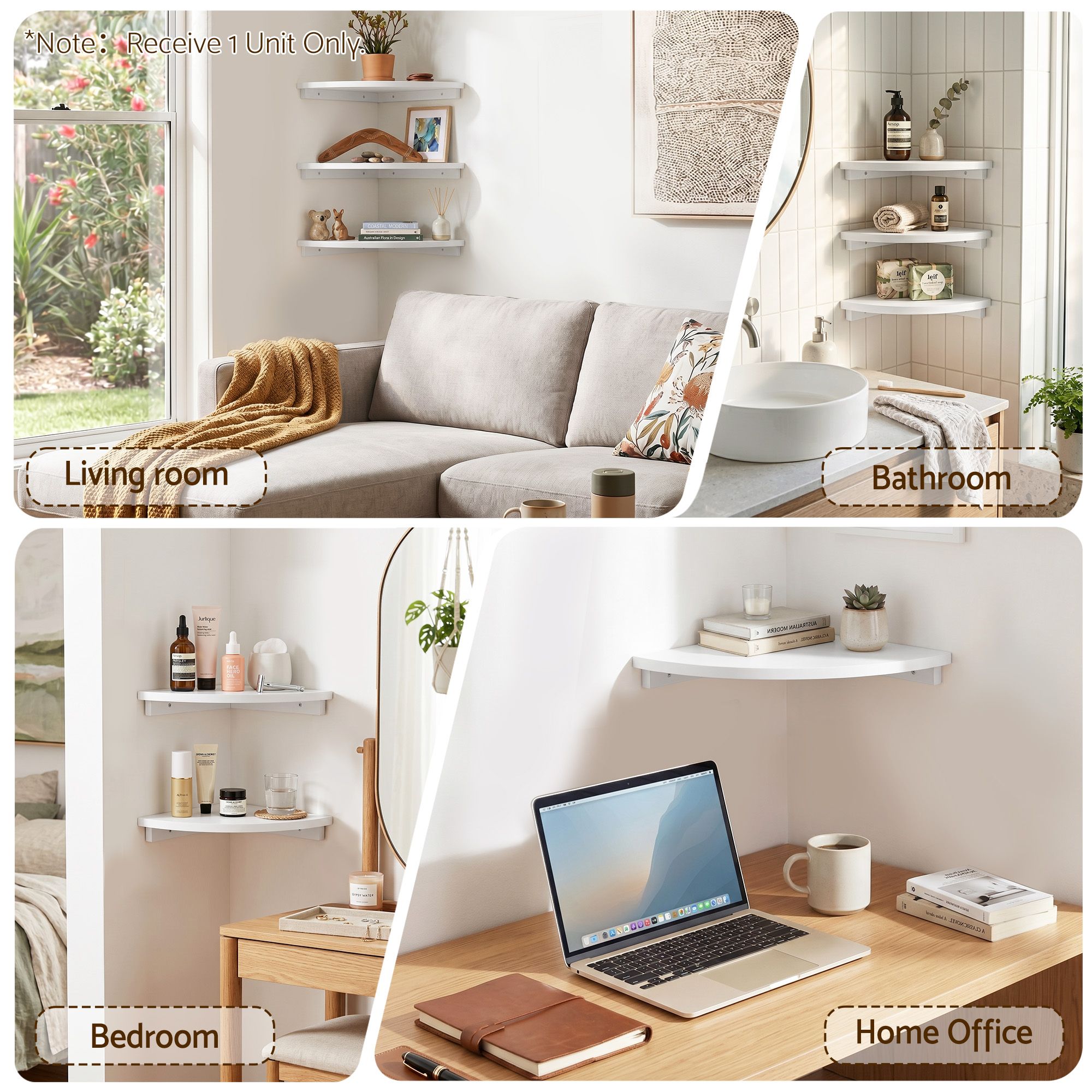 Corner Floating Wall Shelf Wall Mounted Display Rack Round Edge White 1pc