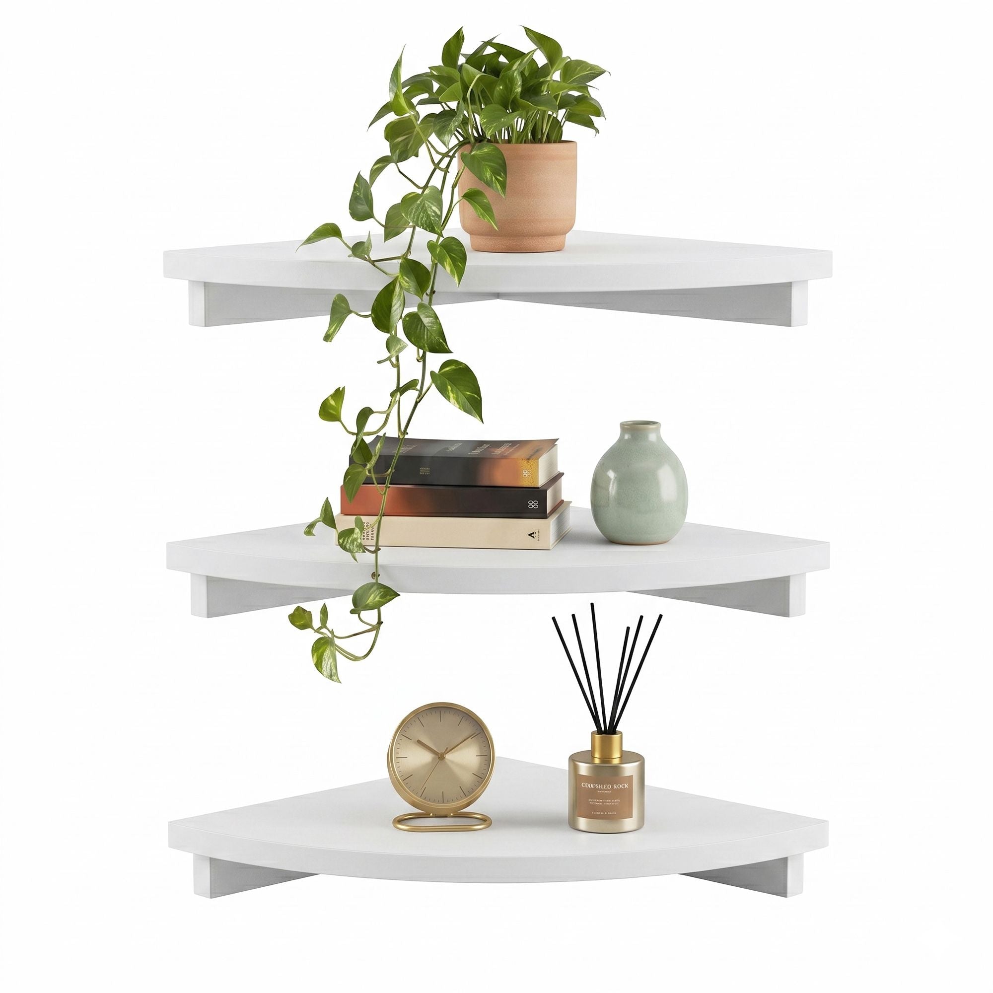 3pc Corner Floating Wall Shelf Wall Mounted Display Rack Round Edge White