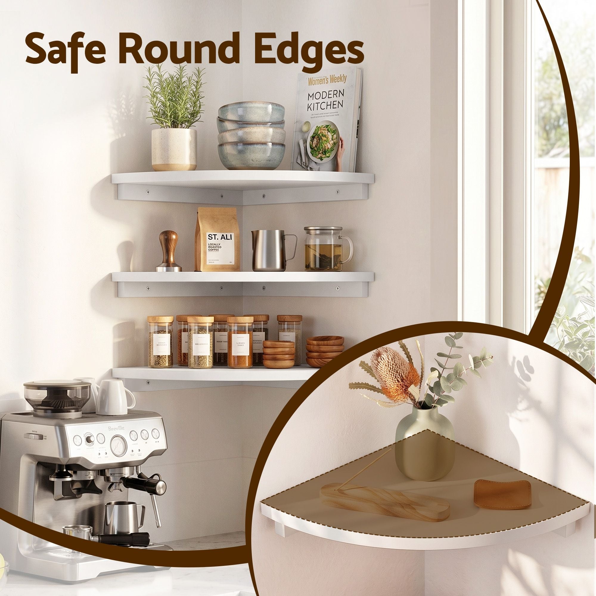 3pc Corner Floating Wall Shelf Wall Mounted Display Rack Round Edge White