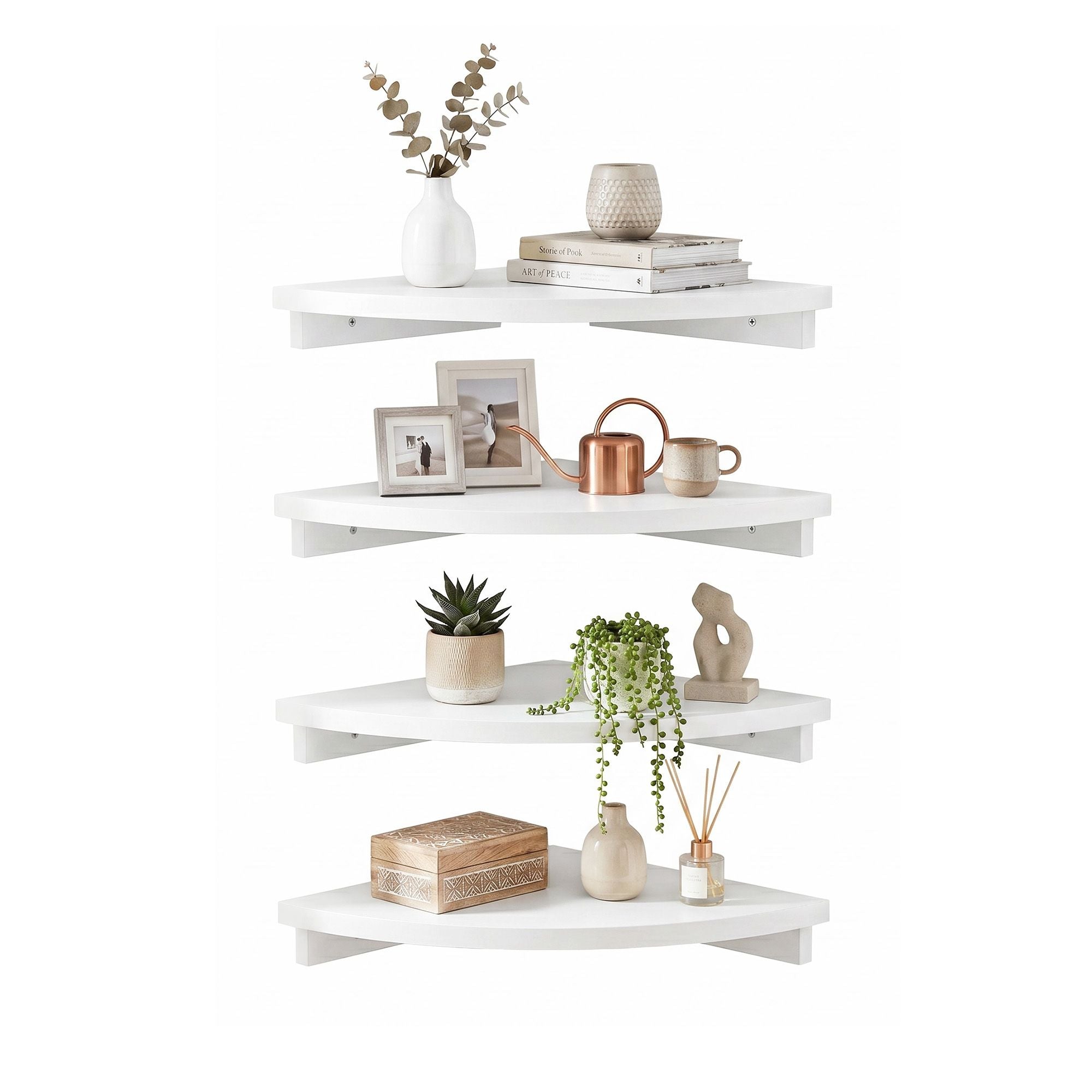 4pc Corner Floating Wall Shelf Wall Mounted Display Rack Round Edge White
