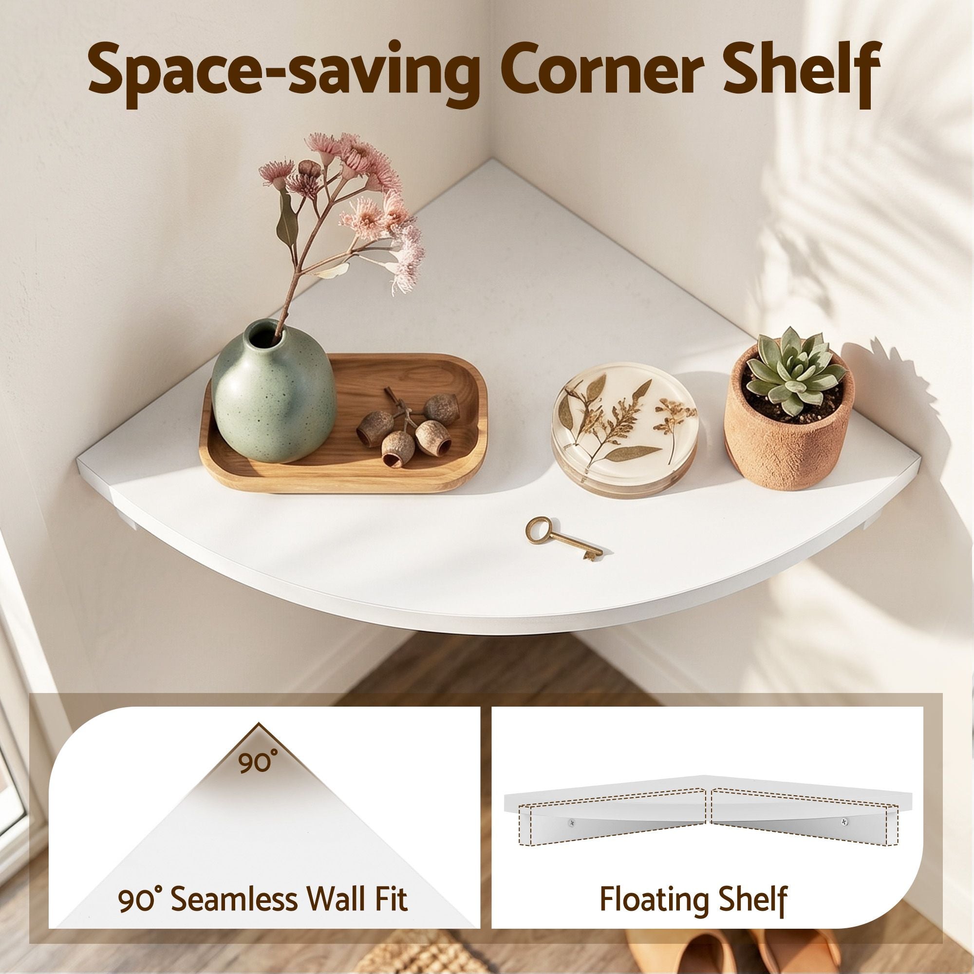4pc Corner Floating Wall Shelf Wall Mounted Display Rack Round Edge White