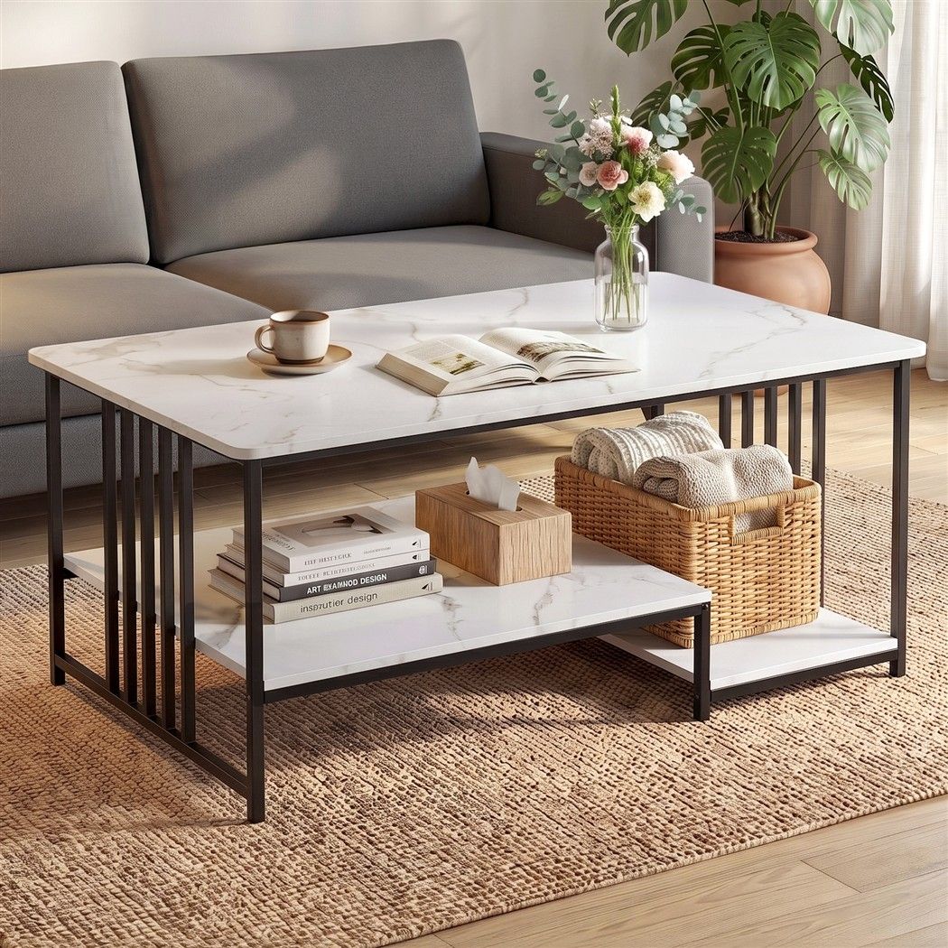 Coffee Table 100cm Faux Marble Finish Center Table 2-Tier Storage White&Black