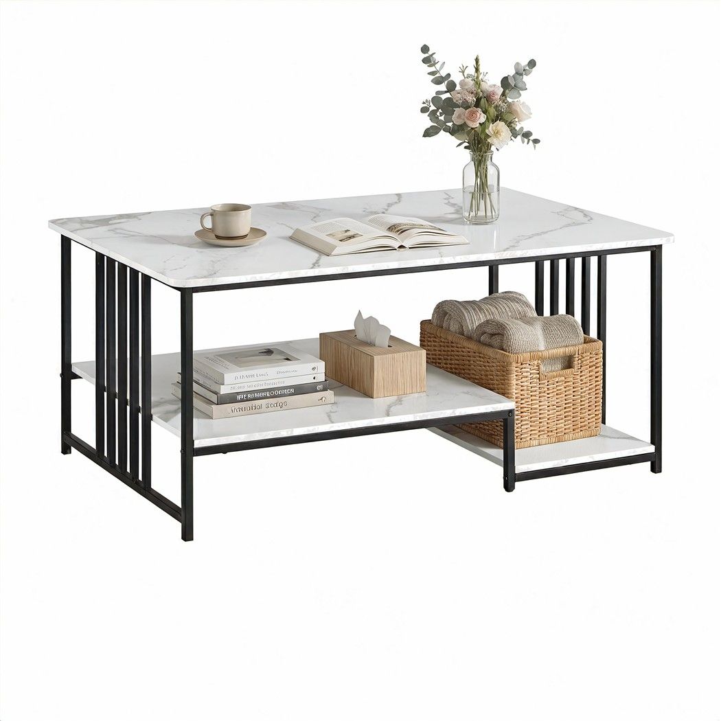 Coffee Table 100cm Faux Marble Finish Center Table 2-Tier Storage White&Black