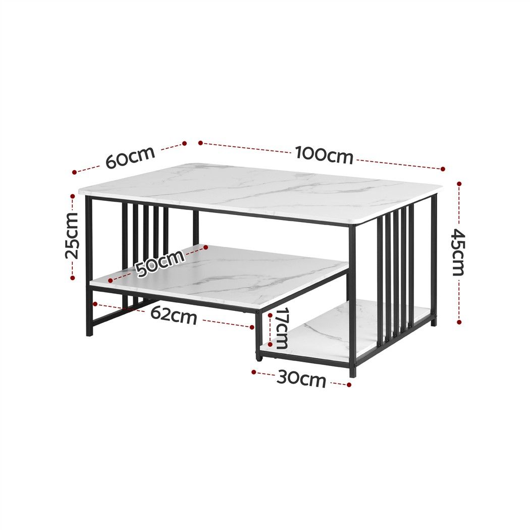 Coffee Table 100cm Faux Marble Finish Center Table 2-Tier Storage White&Black