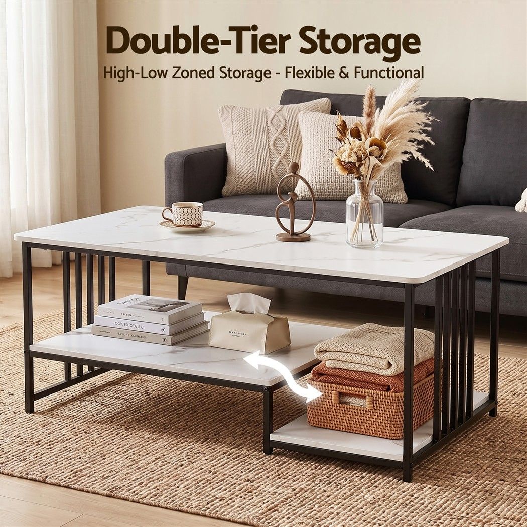 Coffee Table 100cm Faux Marble Finish Center Table 2-Tier Storage White&Black