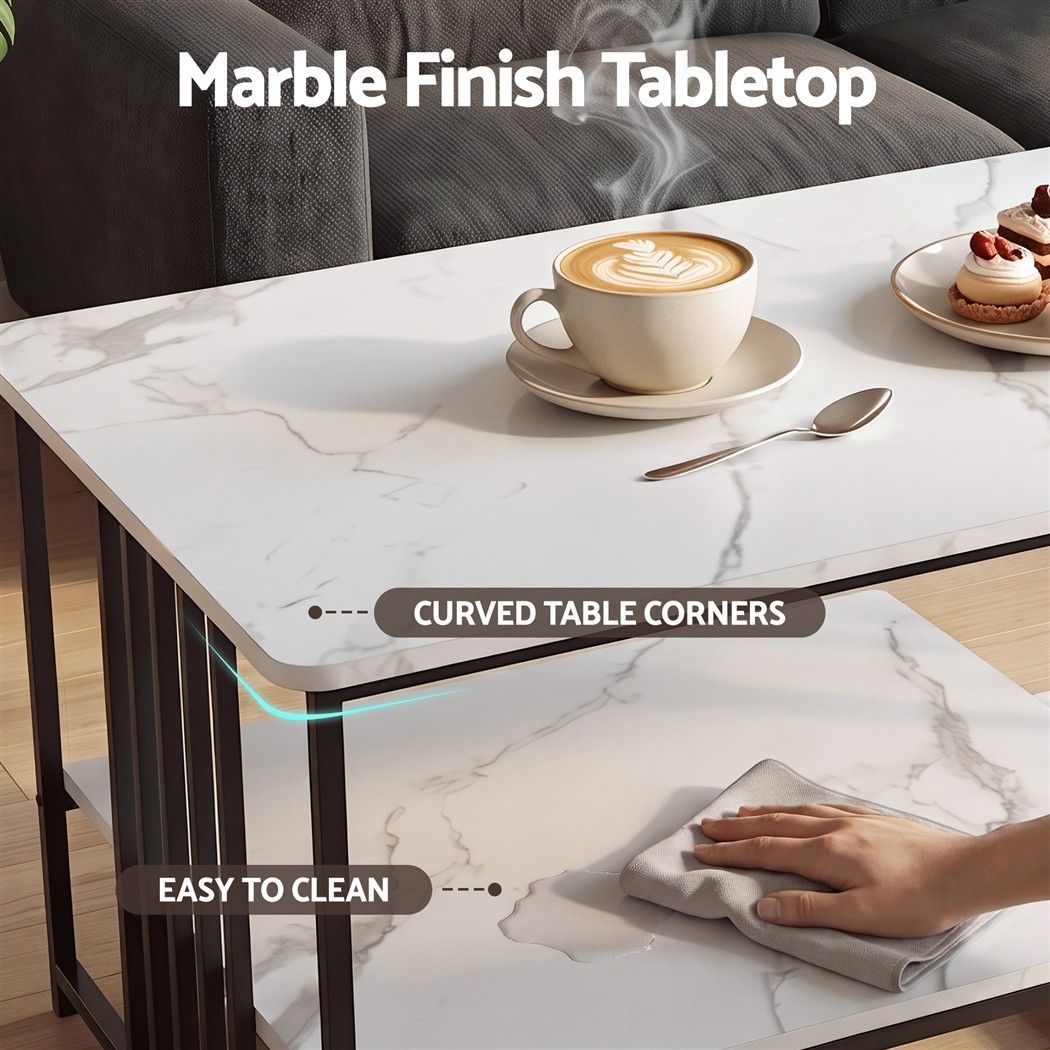 Coffee Table 100cm Faux Marble Finish Center Table 2-Tier Storage White&Black