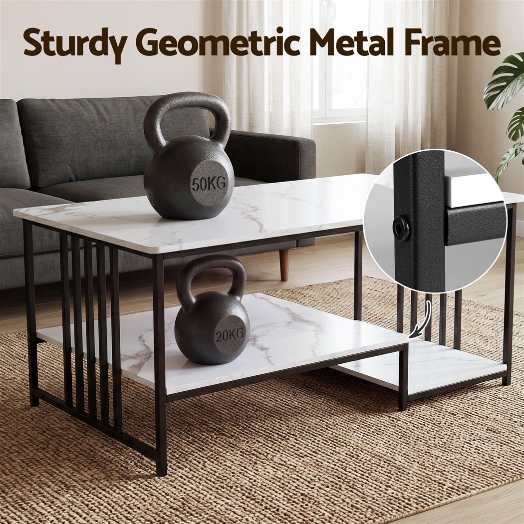 Coffee Table 100cm Faux Marble Finish Center Table 2-Tier Storage White&Black