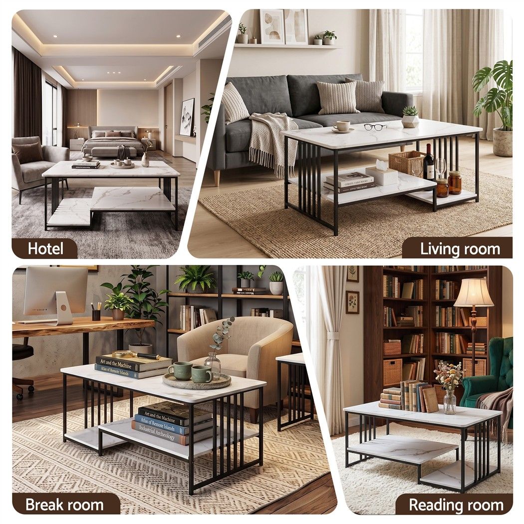 Coffee Table 100cm Faux Marble Finish Center Table 2-Tier Storage White&Black
