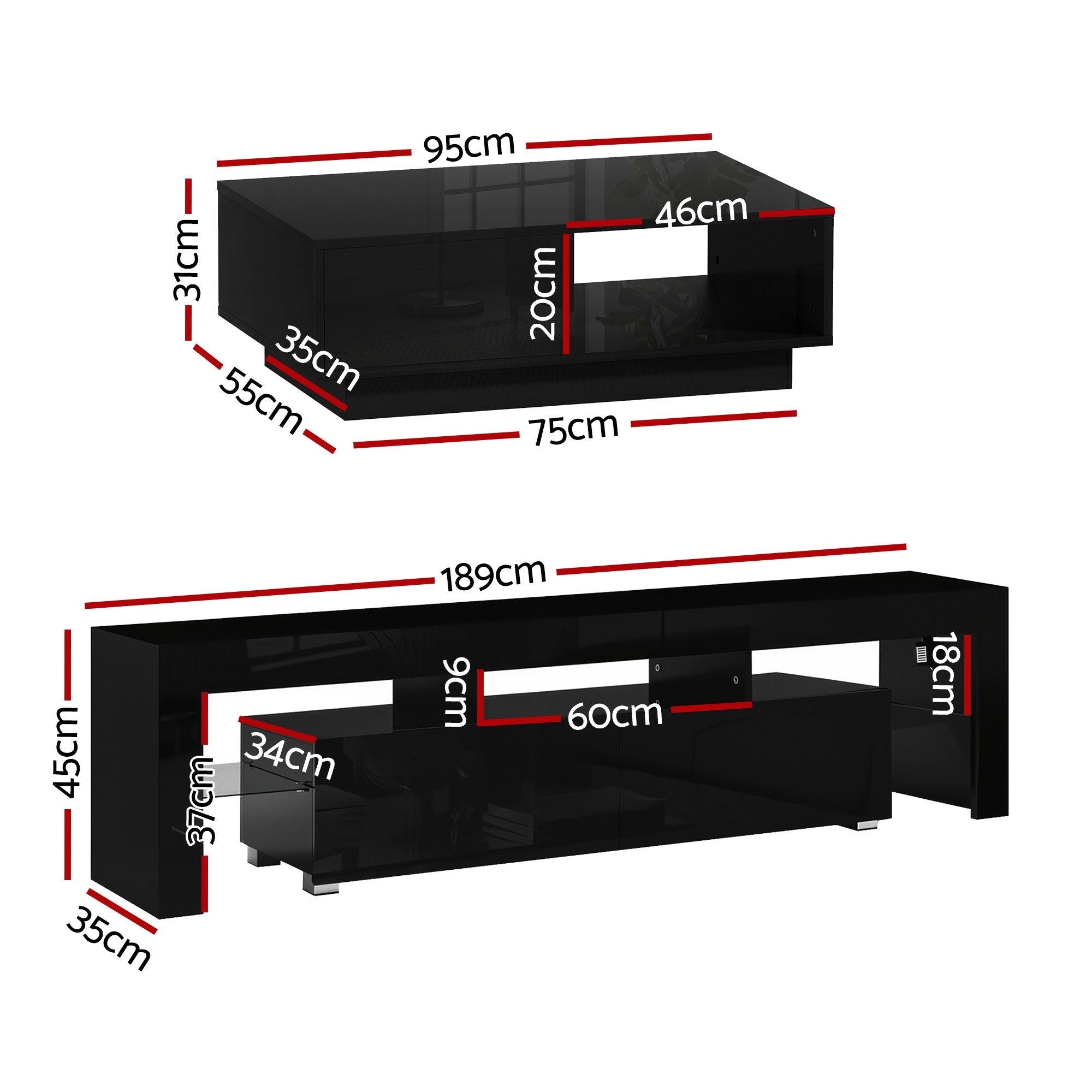 LED TV Unit & Coffee Table Set Storage Cabinet Black
