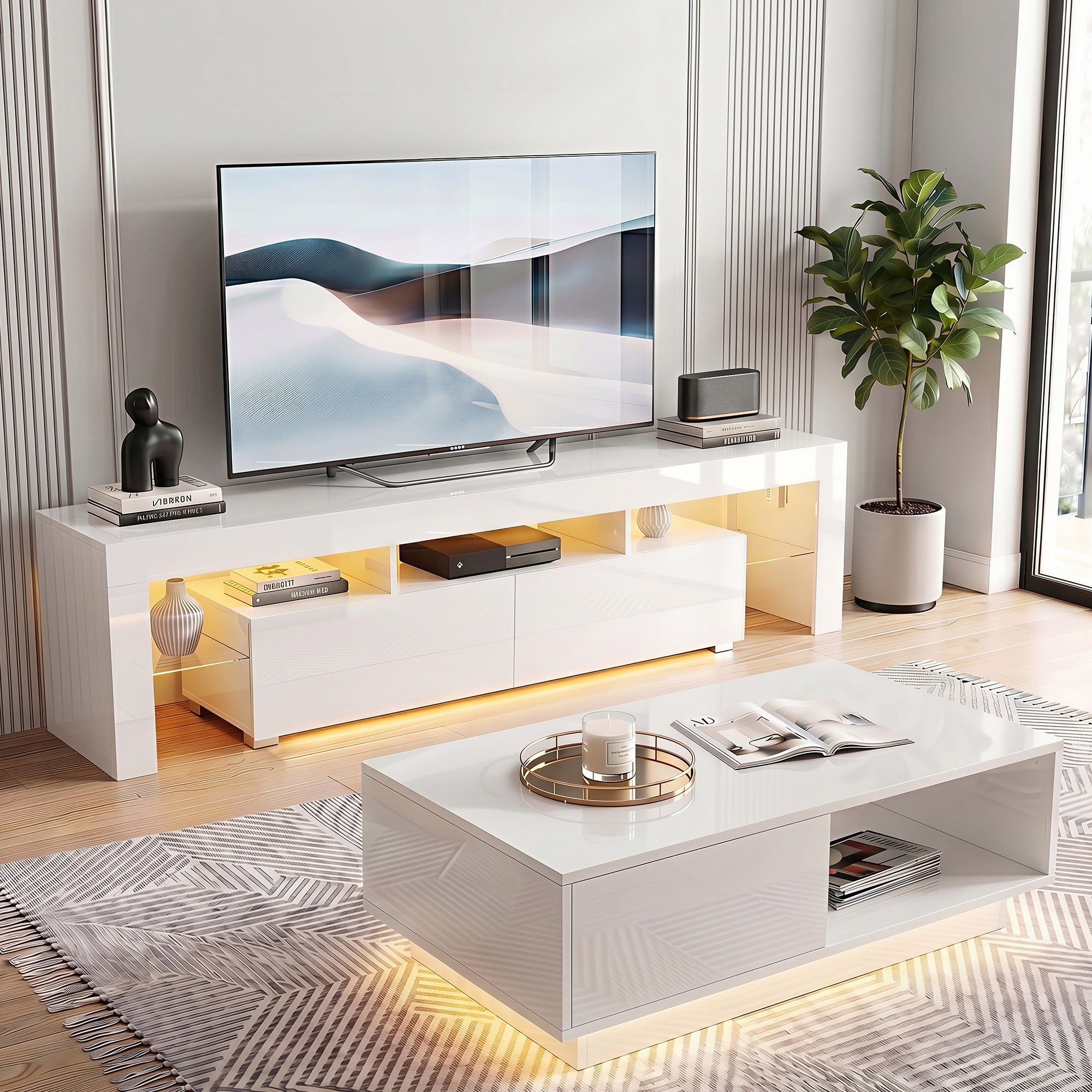 LED TV Unit & Coffee Table Set Storage Cabinet White