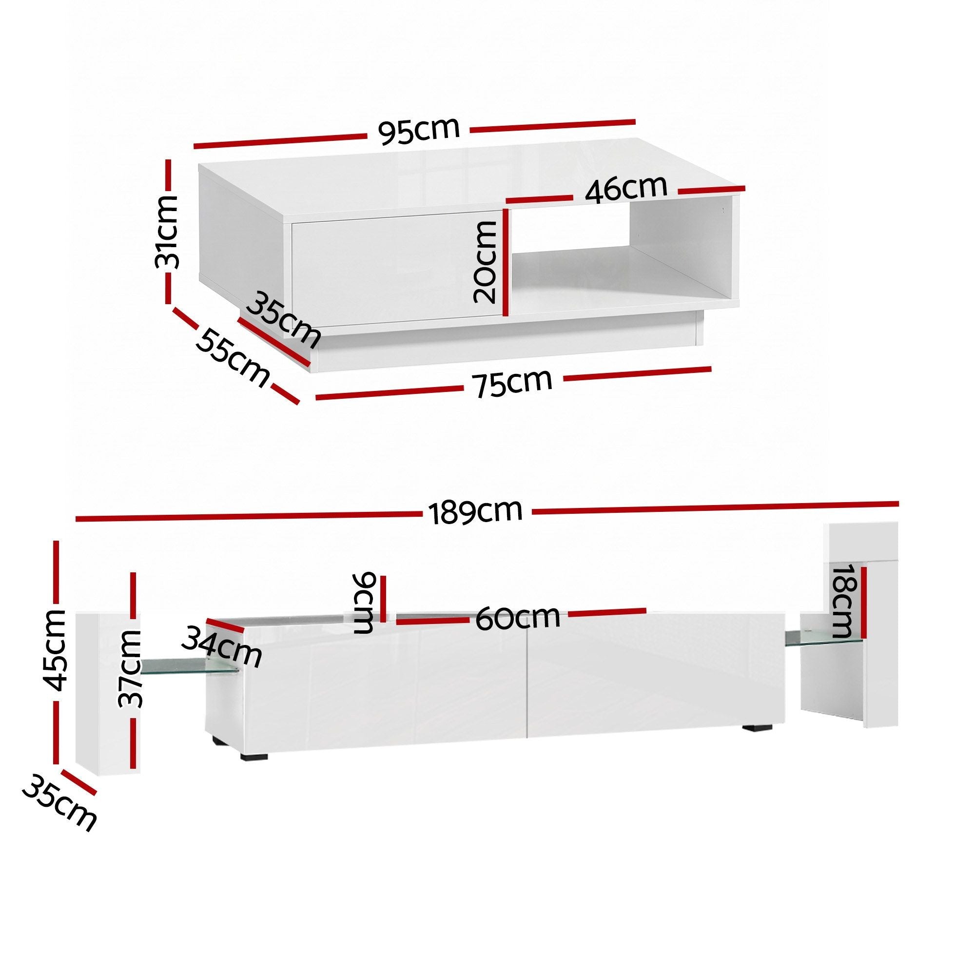 LED TV Unit & Coffee Table Set Storage Cabinet White