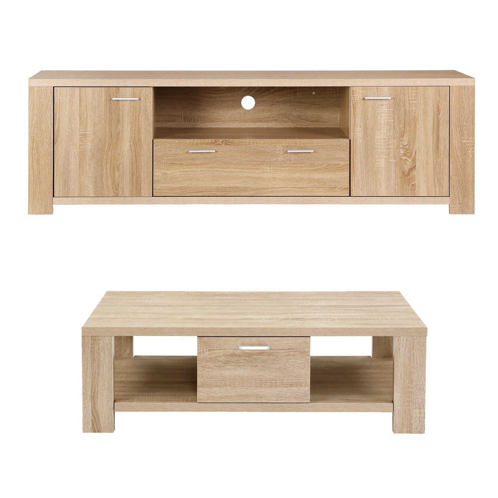 TV Unit & Coffee Table Set Storage Drawer Pine
