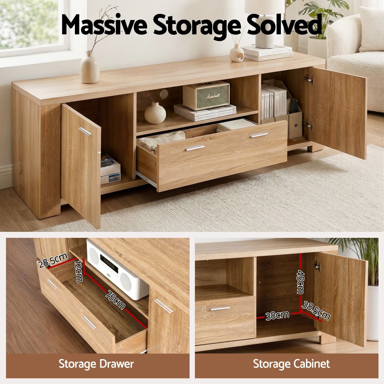TV Unit & Coffee Table Set Storage Drawer Pine