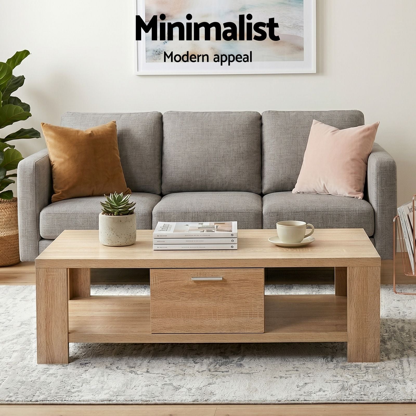 TV Unit & Coffee Table Set Storage Drawer Pine