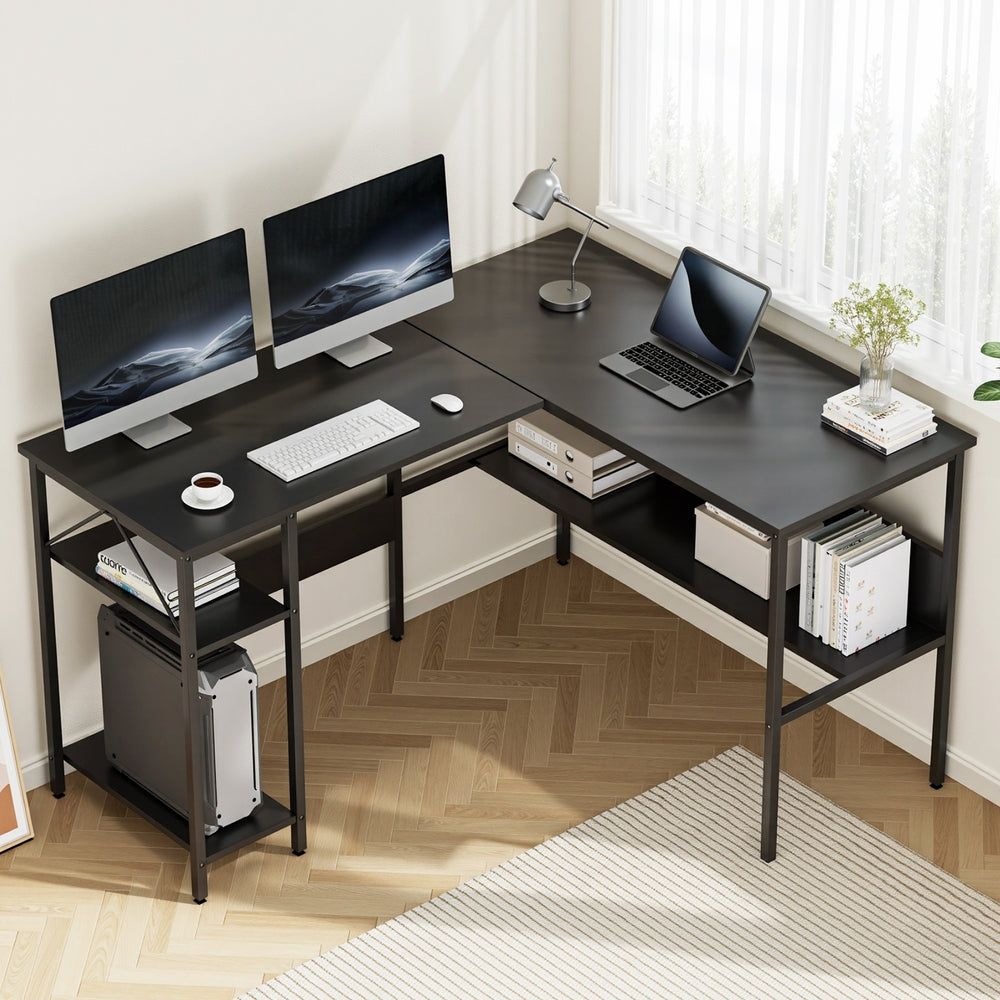 Computer Desk L shape Home Office Study Table Desks Open Shelf Black