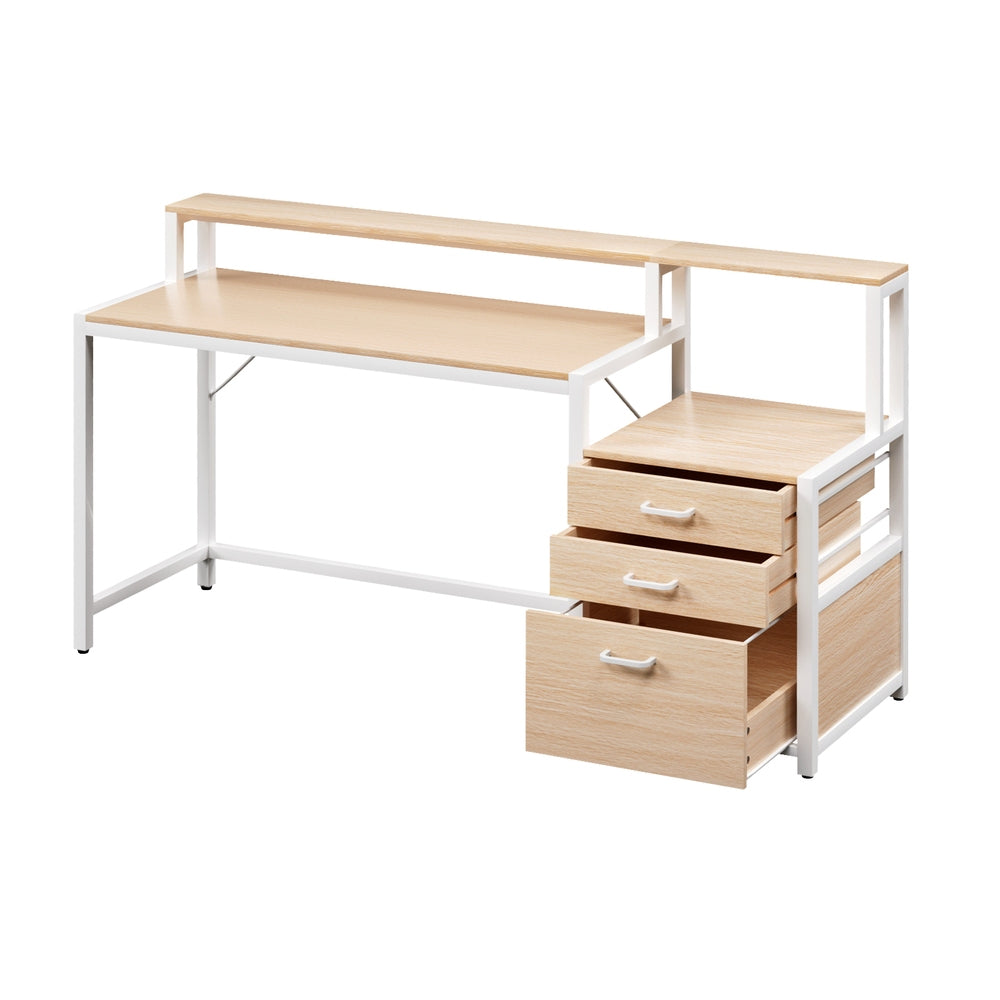 160cm Computer Desk with Monitor Riser and Storage Drawers – Oak & White