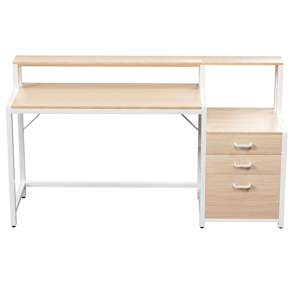 160cm Computer Desk with Monitor Riser and Storage Drawers – Oak & White