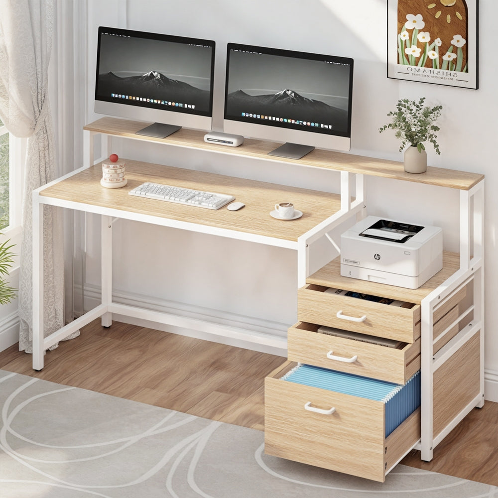 160cm Computer Desk with Monitor Riser and Storage Drawers – Oak & White