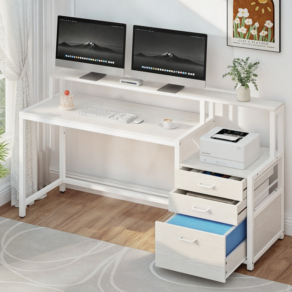 160cm Computer Desk with Monitor Riser and Storage Drawers – White