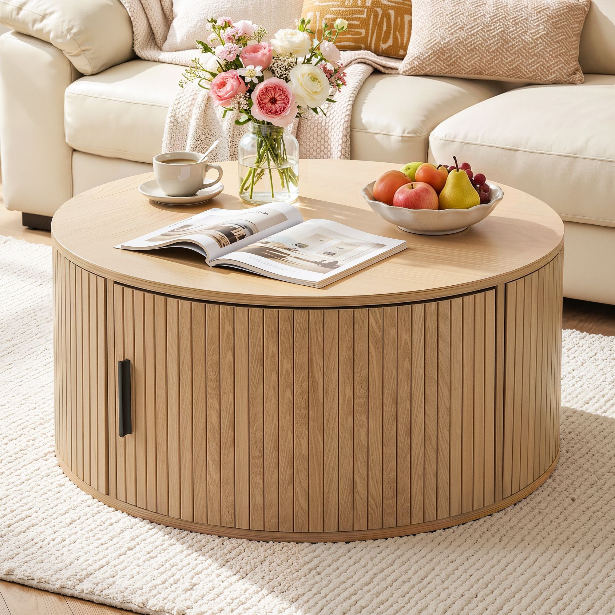 Round Coffee Table 80cm with Fluted Storage and Magnetic Door - Wood