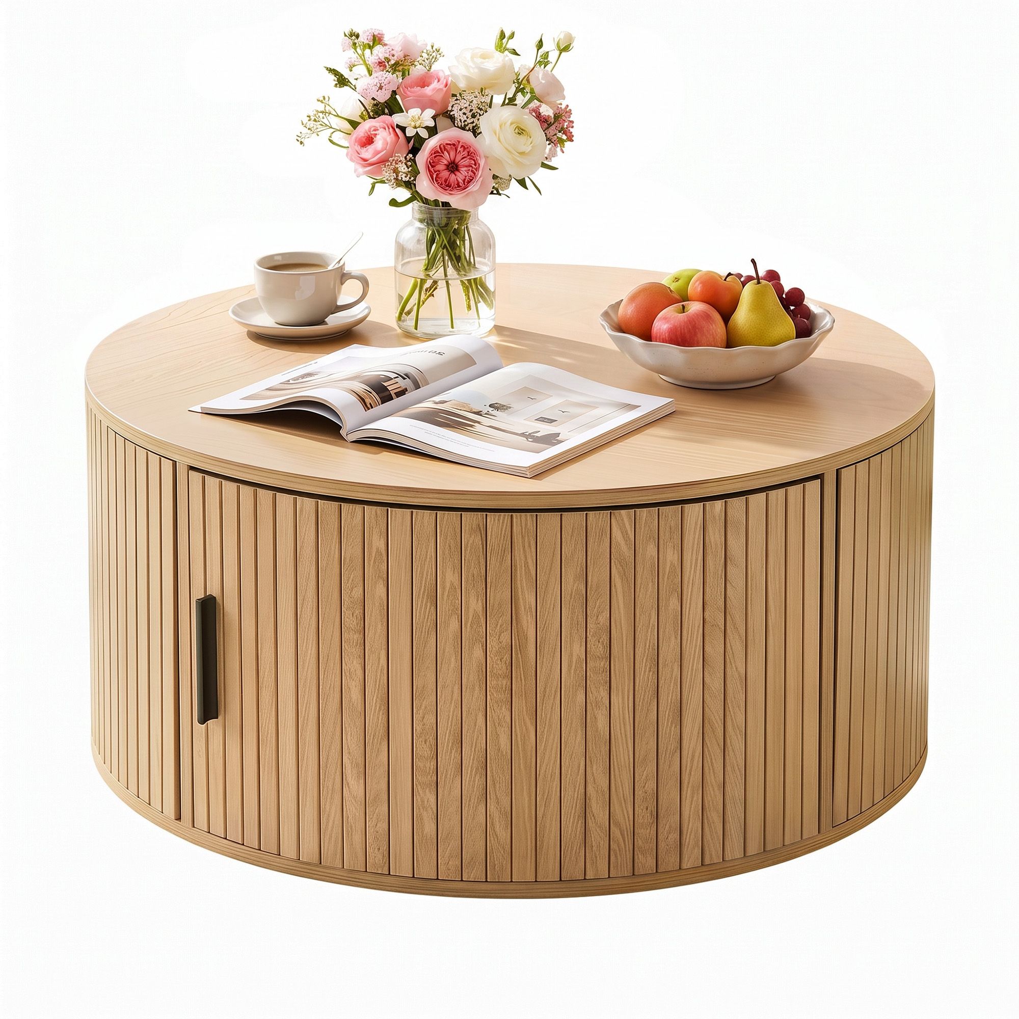 Round Coffee Table 80cm with Fluted Storage and Magnetic Door - Wood